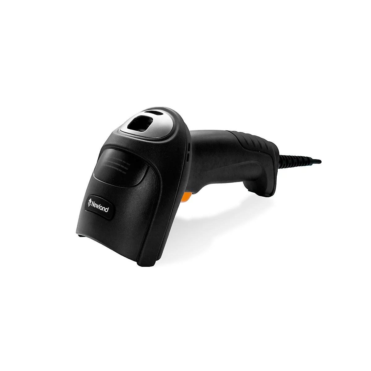 Schwarzer Barcode-Scanner, erkennbar durch Newland-Logo und graues Feld. Liegt auf weißem Hintergrund.
