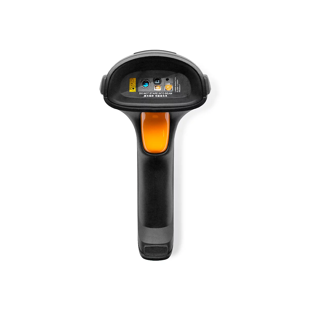 Schwarzer Barcode-Scanner mit orangem Griff und Details.