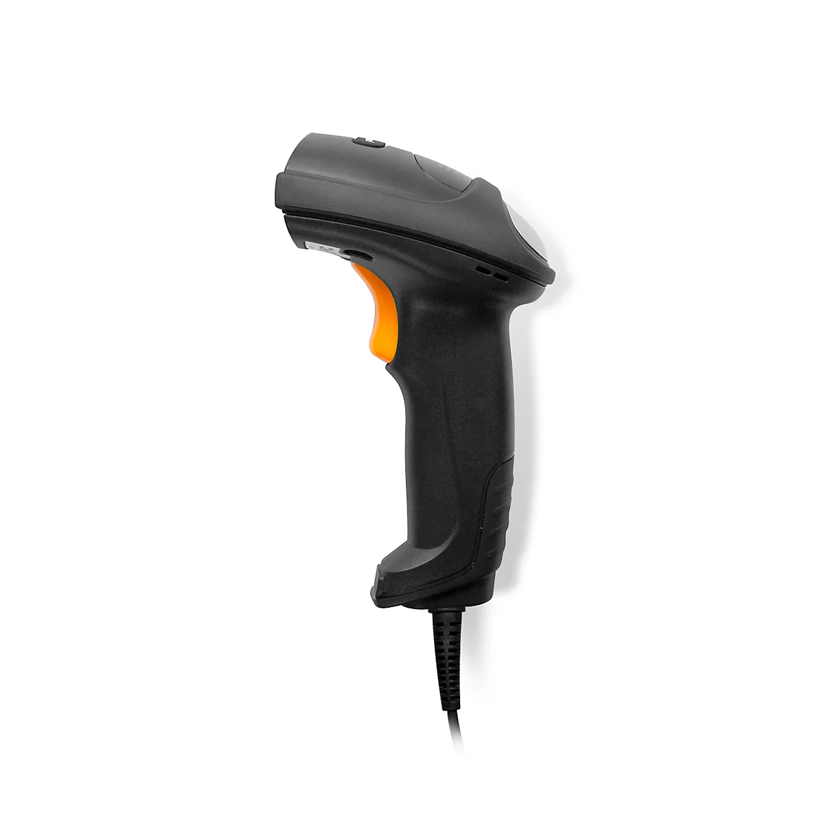 Schwarzer Barcode-Scanner mit gelbem Knopf und Öffnungen. Aufschrift: DO NOT STARE INTO BEAM.