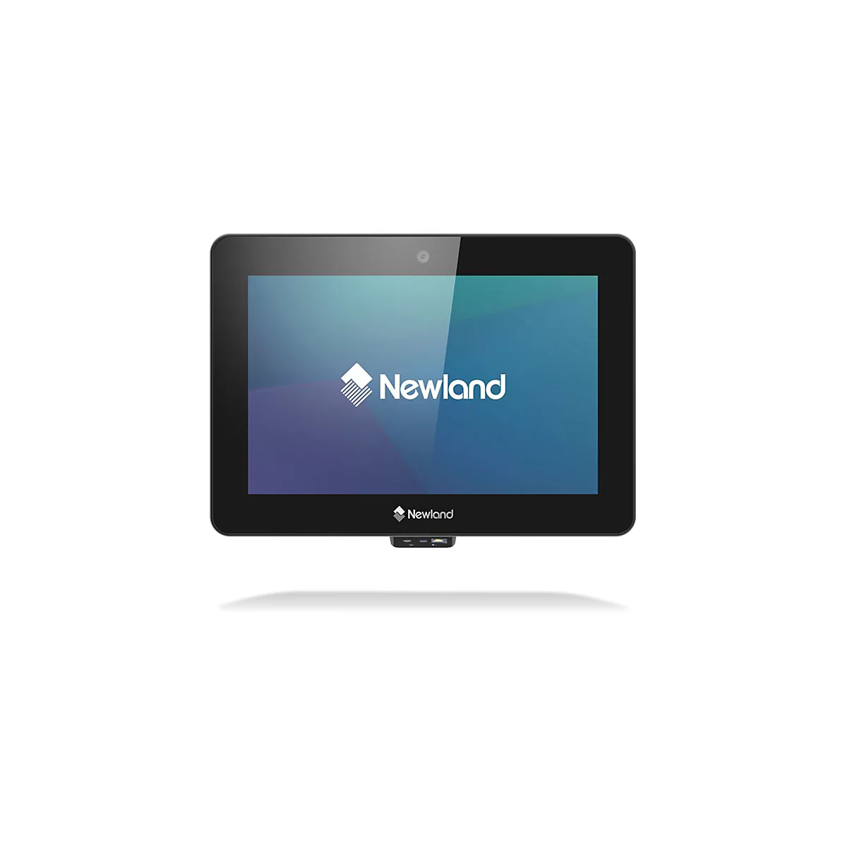 Schwarzes Tablet mit Newland-Logo auf dem Bildschirm. Oben Kamera, unten Barcode-Scanner.
