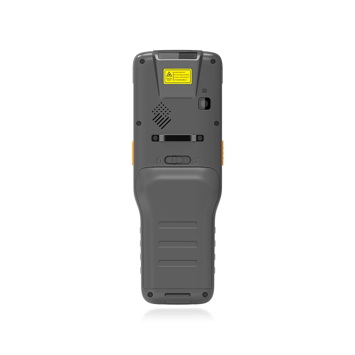 Vue arrière d'un lecteur de codes-barres gris avec une étiquette d'avertissement jaune.