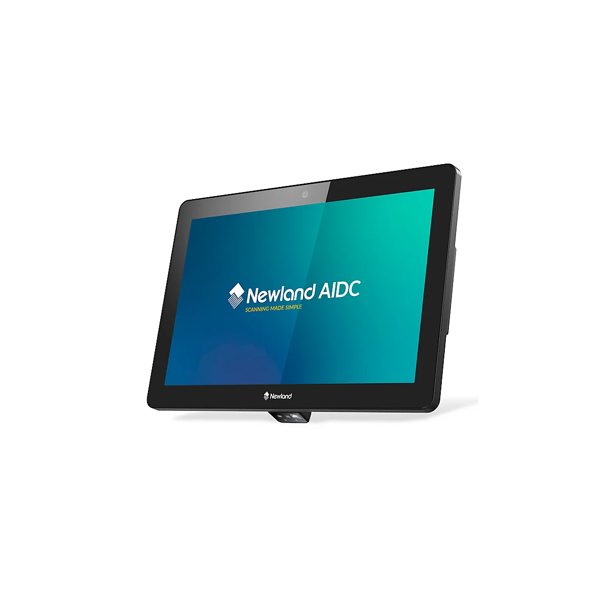 Schwarzes Tablet mit Newland AIDC Logo. Blauer, grüner Hintergrund. Kamera oben, USB-Anschluss unten.