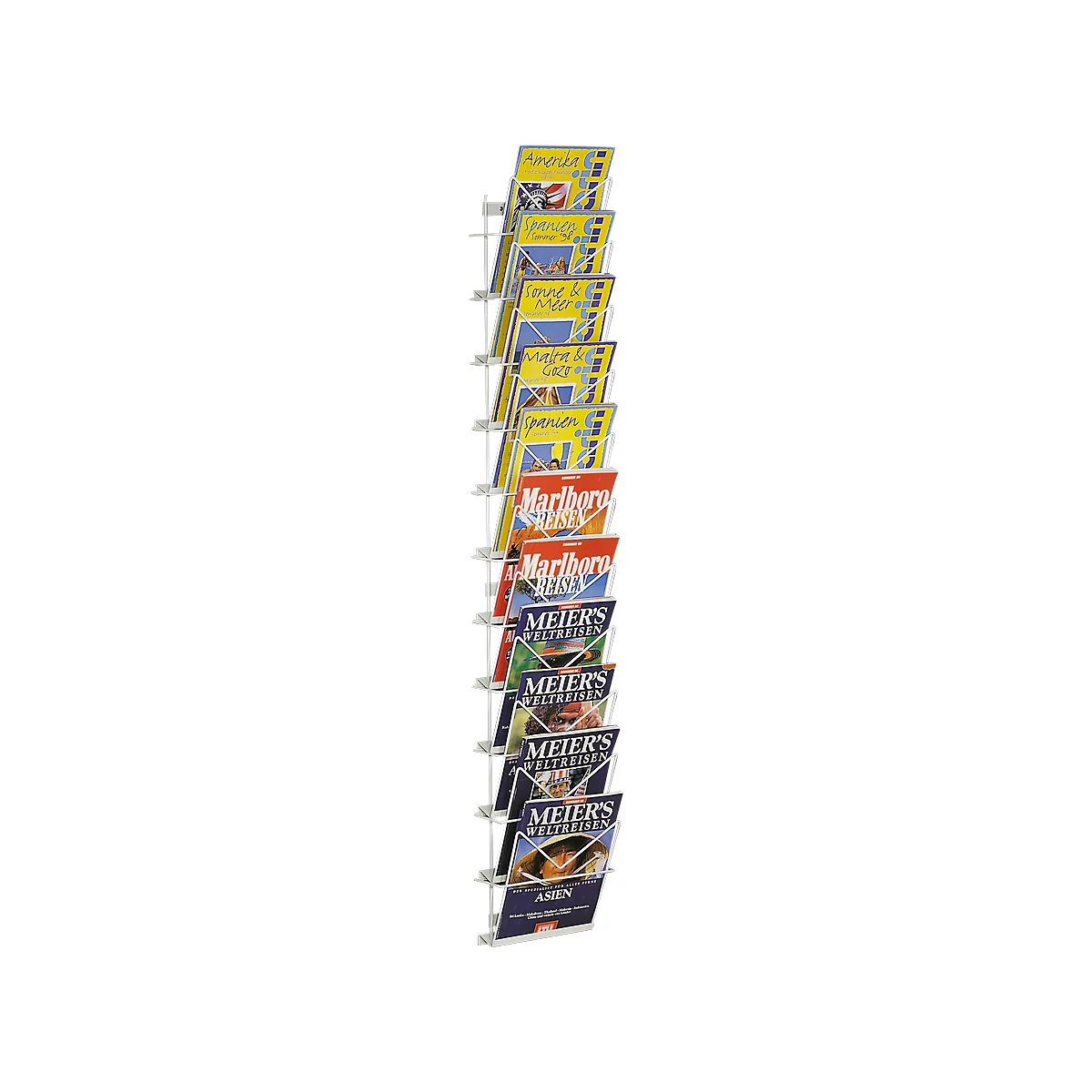 A metal brochure stand with several magazines.
