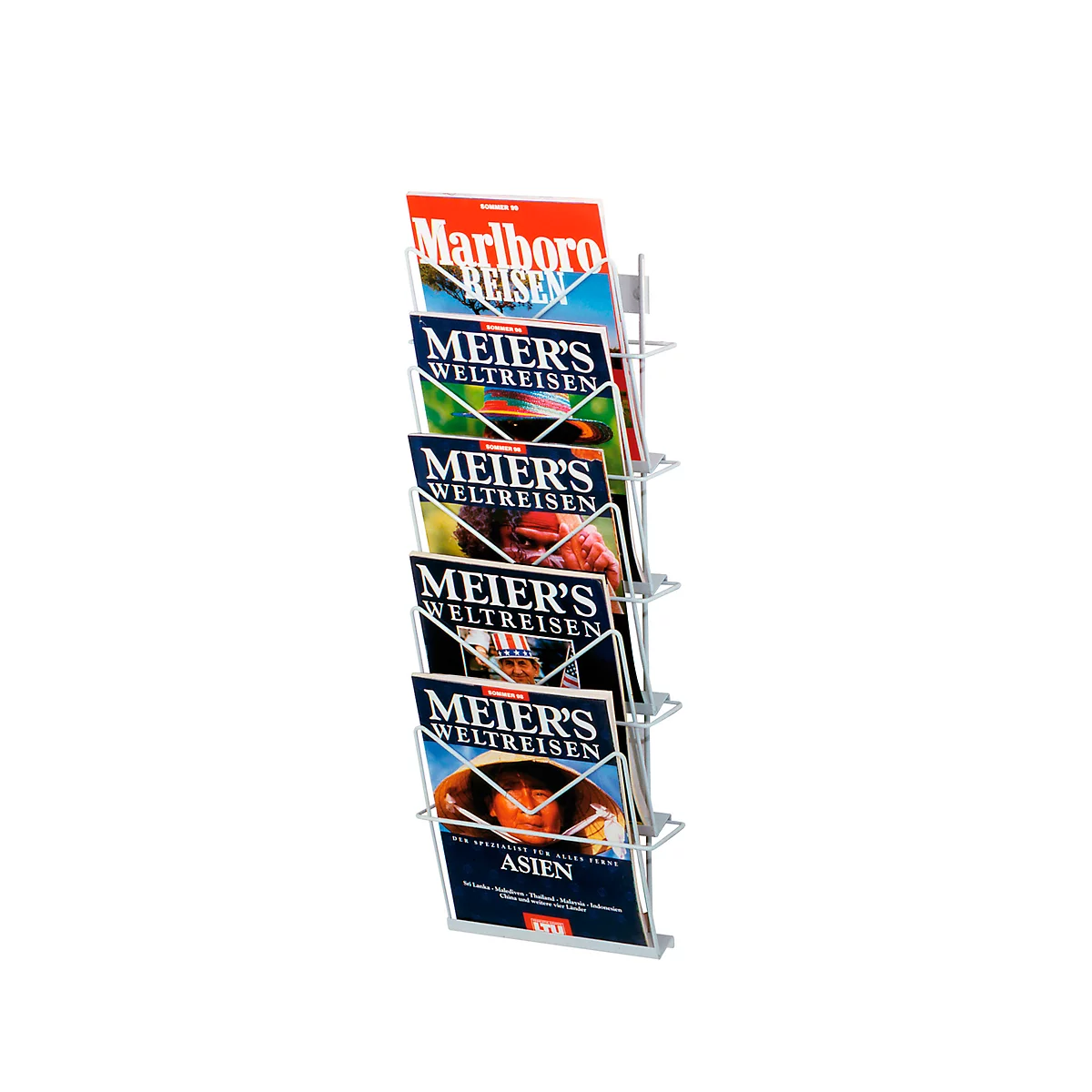 A wall magazine rack with several magazines. The magazines say 'Marlboro Reisen' and 'Meiers Weltreisen'.