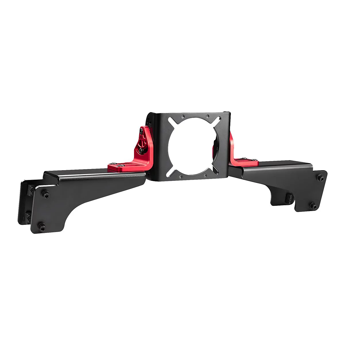 Schwarze Metallhalterung mit roter Gelenkverbindung und zentraler Aussparung vor weißem Hintergrund.