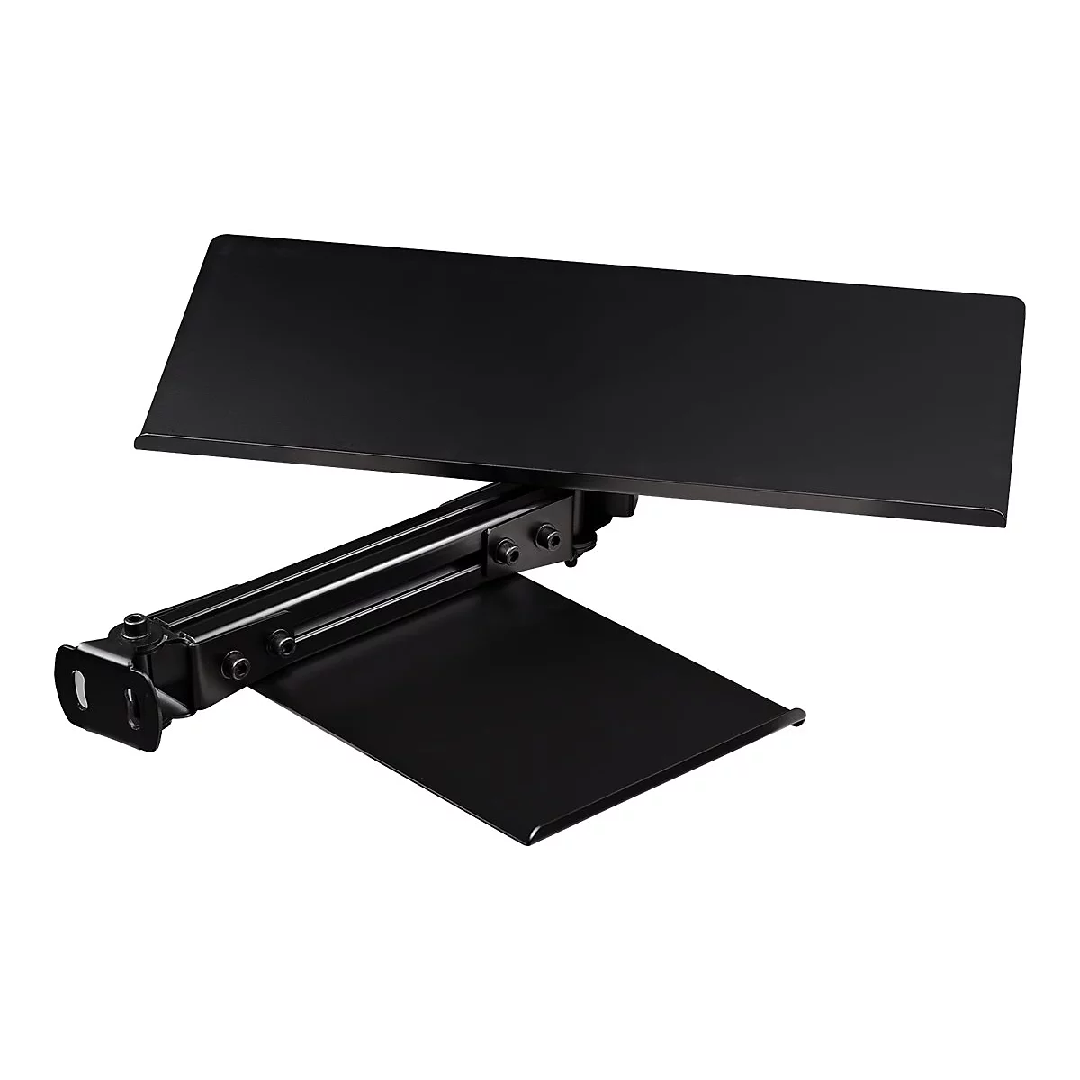 Schwarze, verstellbare Tastaturablage mit Metallarm vor weißem Hintergrund.