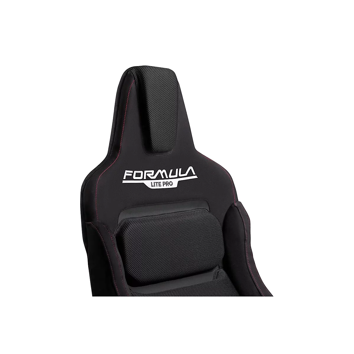Nahaufnahme der schwarzen Rückenlehne eines Formula Lite Pro Rennsitzes mit roter Naht und weißem Logo.