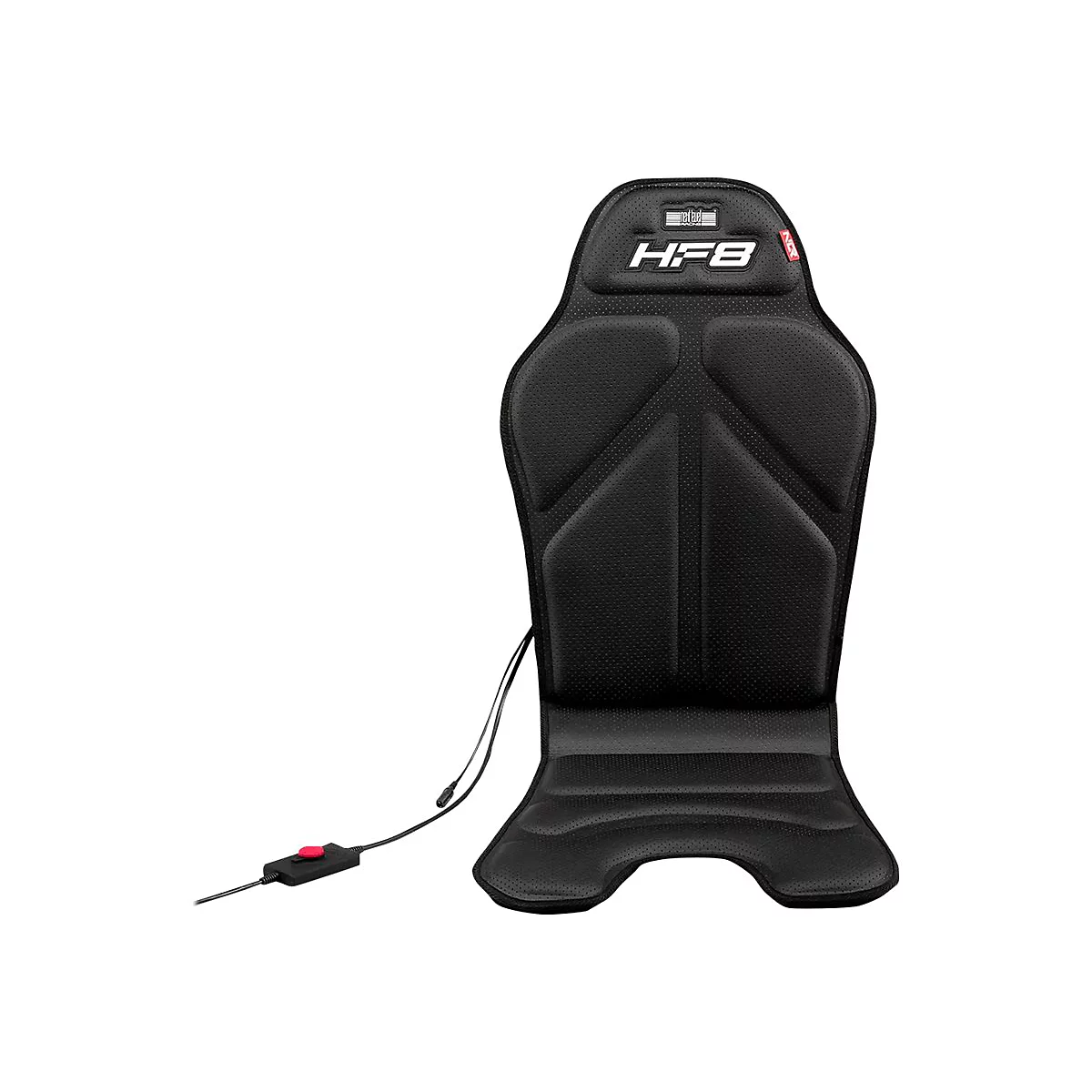 Schwarze haptische Feedback-Sitzauflage Next Level Racing HF8 mit Kabelfernbedienung vor weißem Hintergrund.
