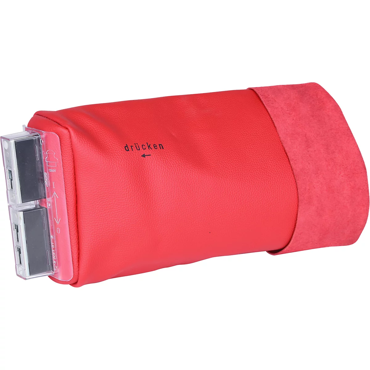 Rotes, zylindrisches Etui mit zwei USB-Anschlüssen. Aufschrift: Drücken. Die Rückseite ist aus rauem Material.