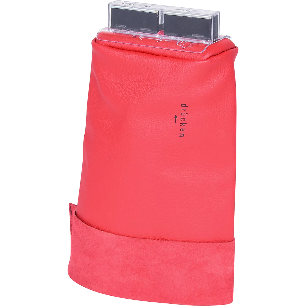 Rote Schutzhülle für Objektive. Oben ein durchsichtiges Fach, darunter der Schriftzug 'drucken'.