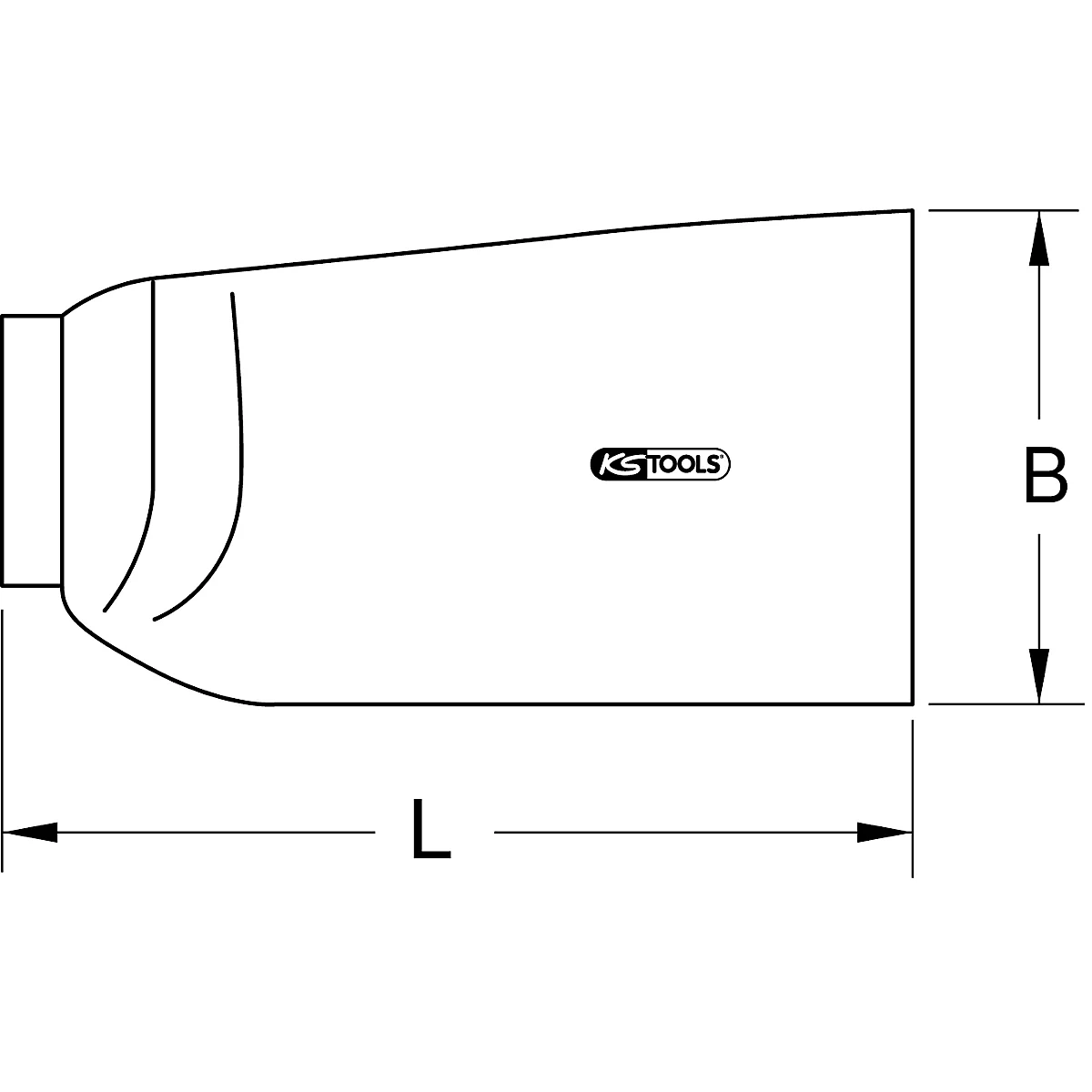 Ansicht eines Werkzeugaufsatzes von KS Tools mit den Maßen B und L. Das Logo ist mittig angebracht.