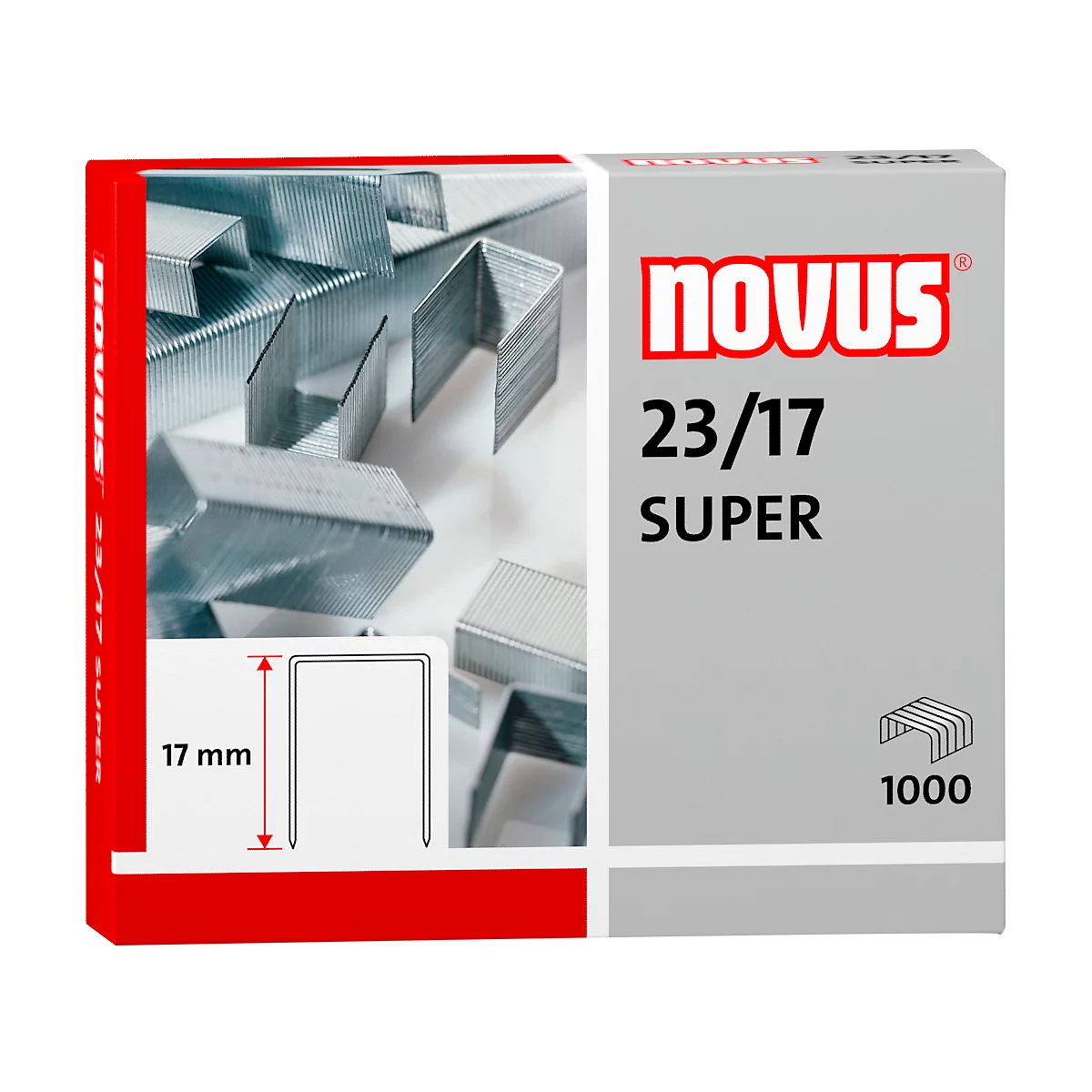 Metalen nietjes en verpakking. Bedrukt: Novus, 23/17, Super, 1000 stuks, en een schets van het nietje met 17 mm.