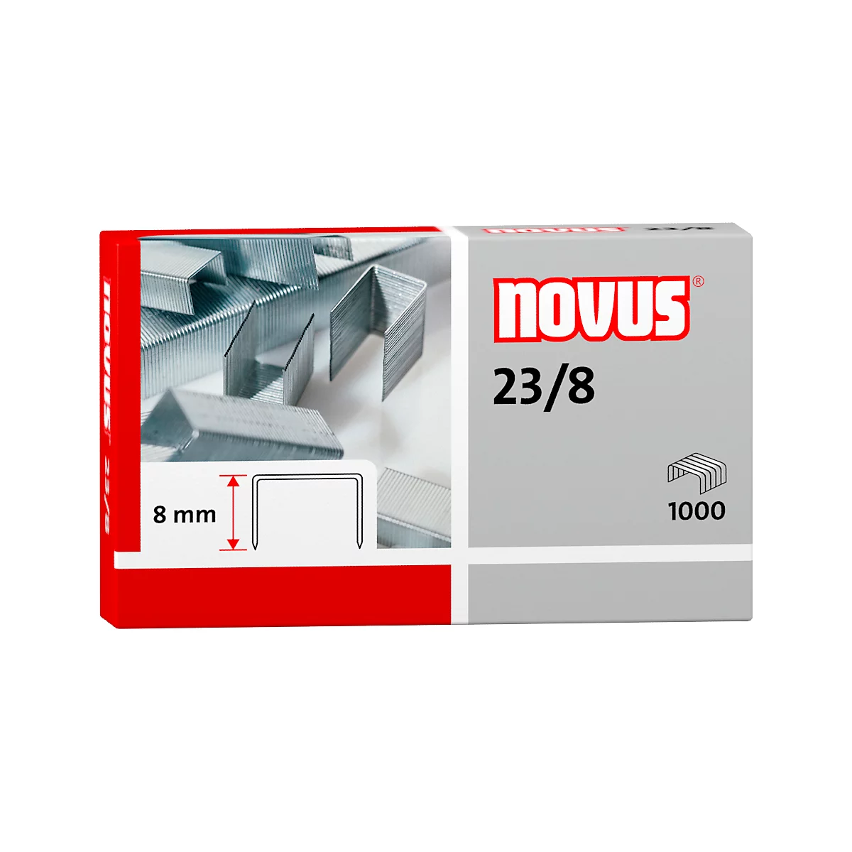 Grijze kartonnen doos met nietjes en het opschrift "novus 23/8". Links een close-up van de nietjes, 8 mm groot.