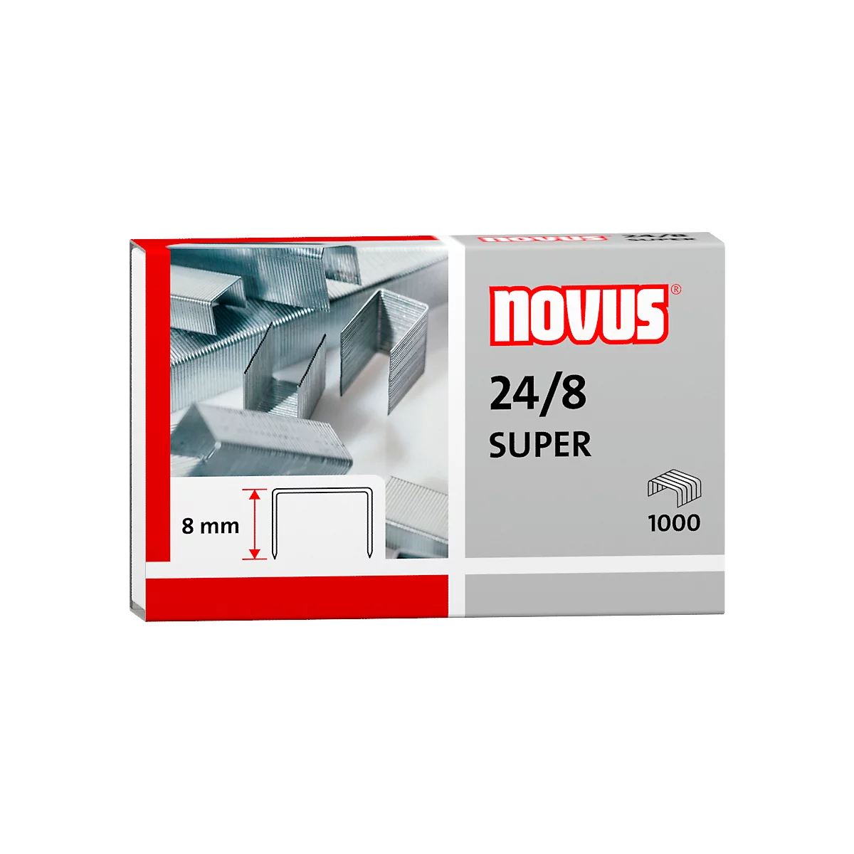 Close-up van een nietjesdoos met tekst: Novus 24/8 Super, 1000 stuks. Detail van de nietjes en 8 mm maatindicatie.