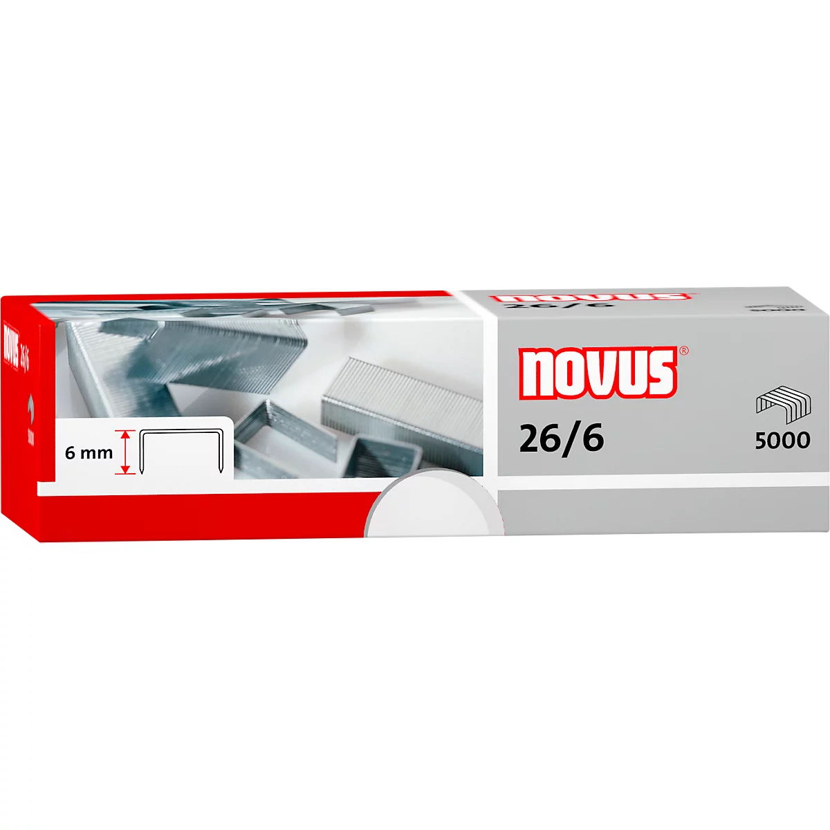 Close-up van een nietjesverpakking met de inscriptie 26/6 en het NOVUS-logo.