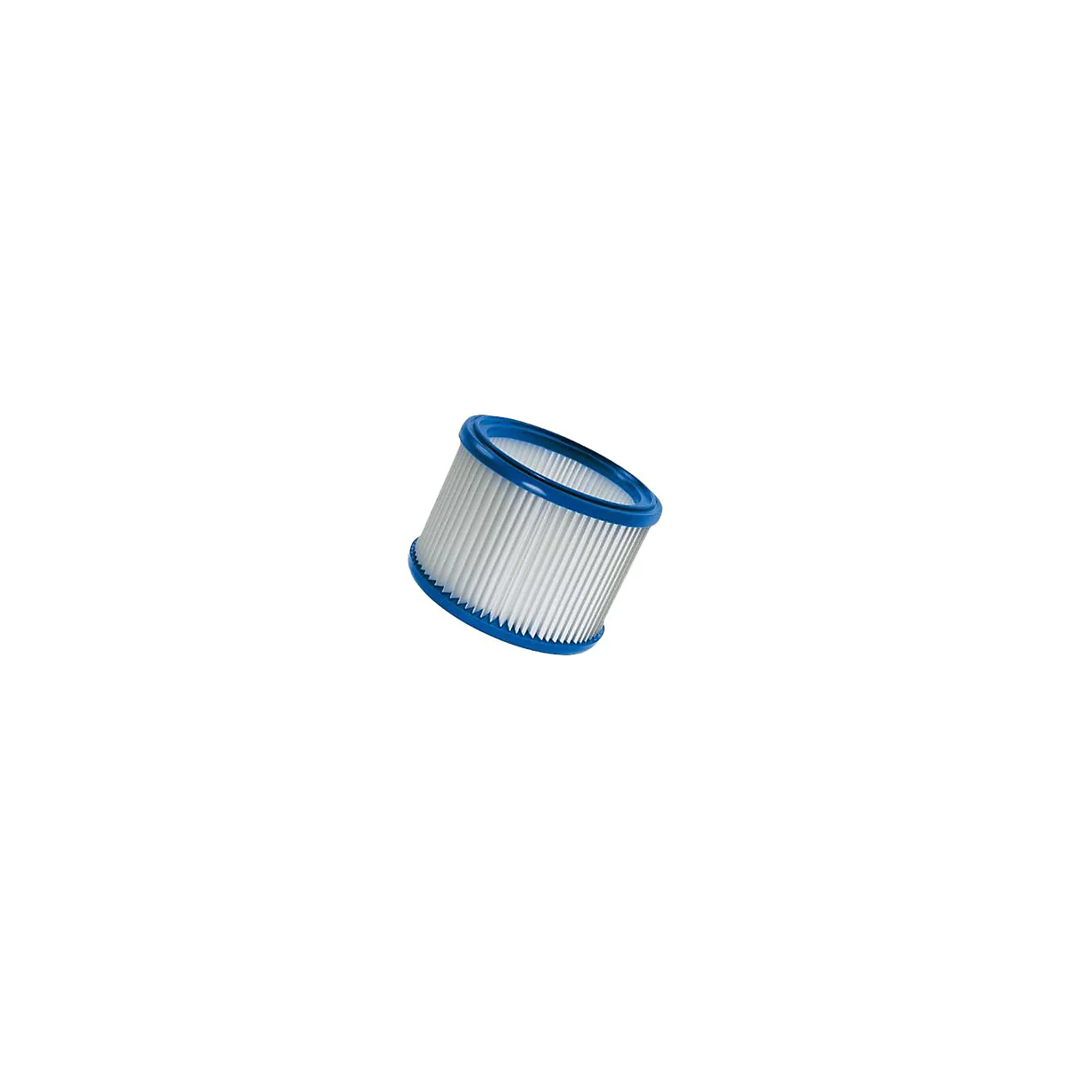 Ein zylindrischer Poolfilter mit weißem Faltenpapier und blauen Kunststoff-Endkappen vor weißem Hintergrund.