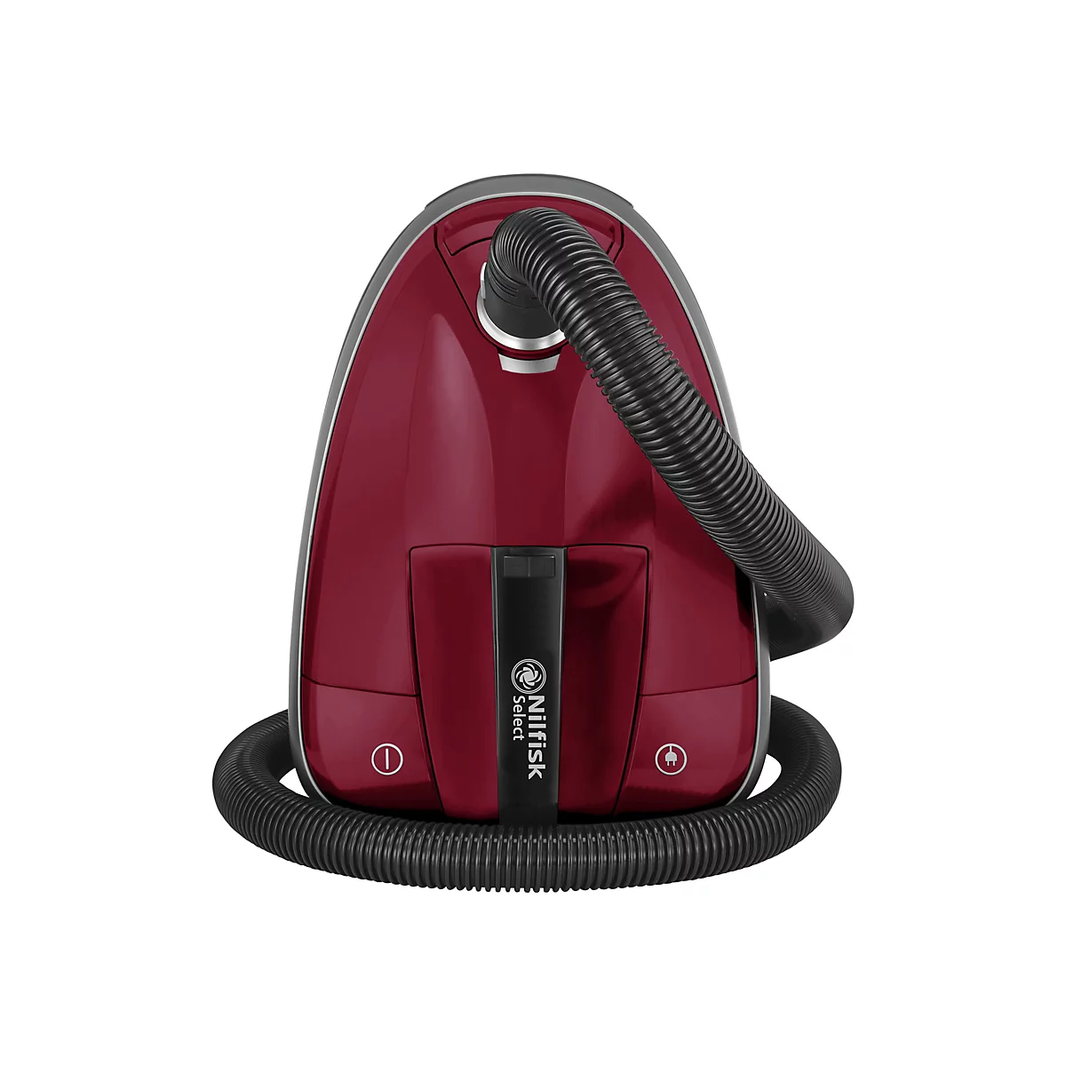 Dunkelroter Nilfisk Select Staubsauger mit schwarzem Schlauch und zentralem Logo auf weißem Hintergrund.
