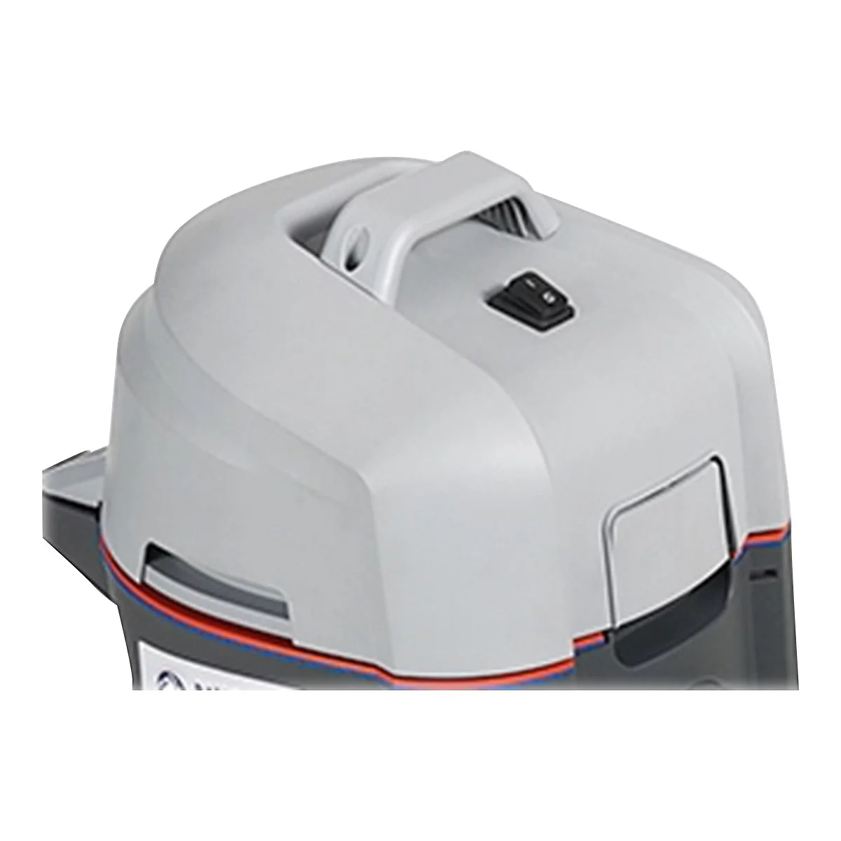 Grauer Staubsauger-Deckel mit Tragegriff und Schalter. Roter und blauer Zierstreifen am Rand.