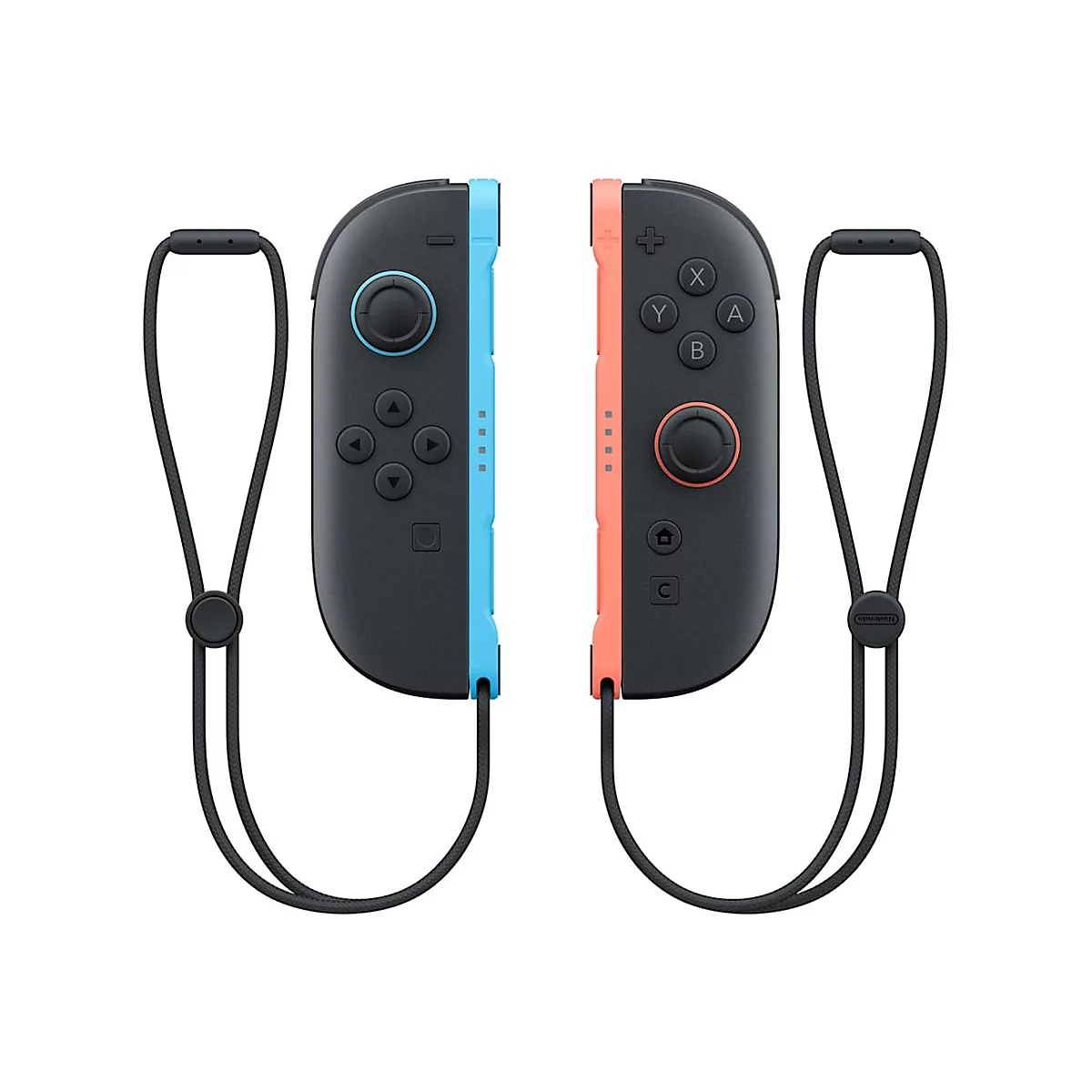 Zwei schwarze Nintendo Switch Joy-Con Controller mit Handschlaufen, einer mit blauer, einer mit roter Seitenkante.