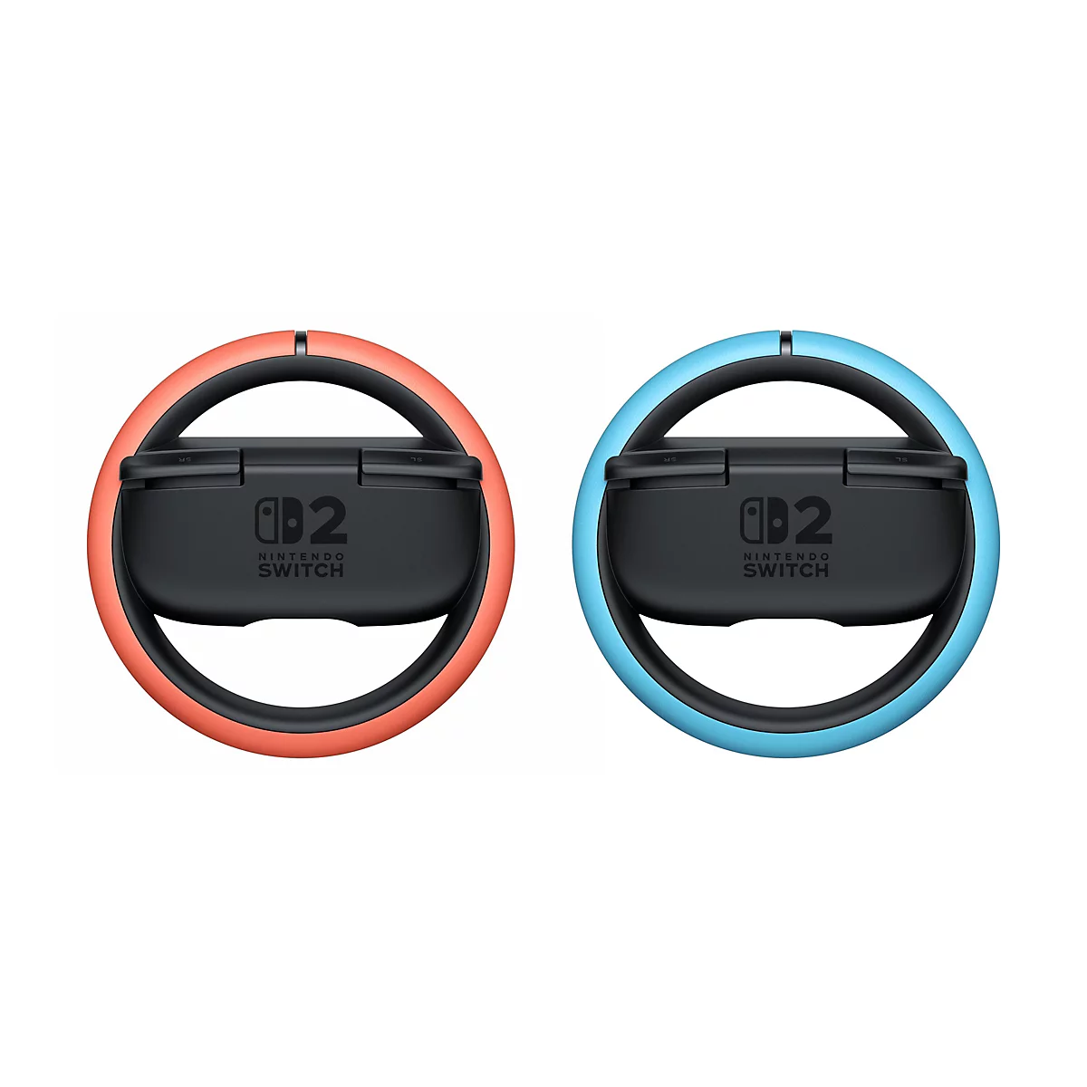 Zwei Nintendo Switch Lenkradaufsätze für Joy-Cons, einer in Koralle, einer in Blau.