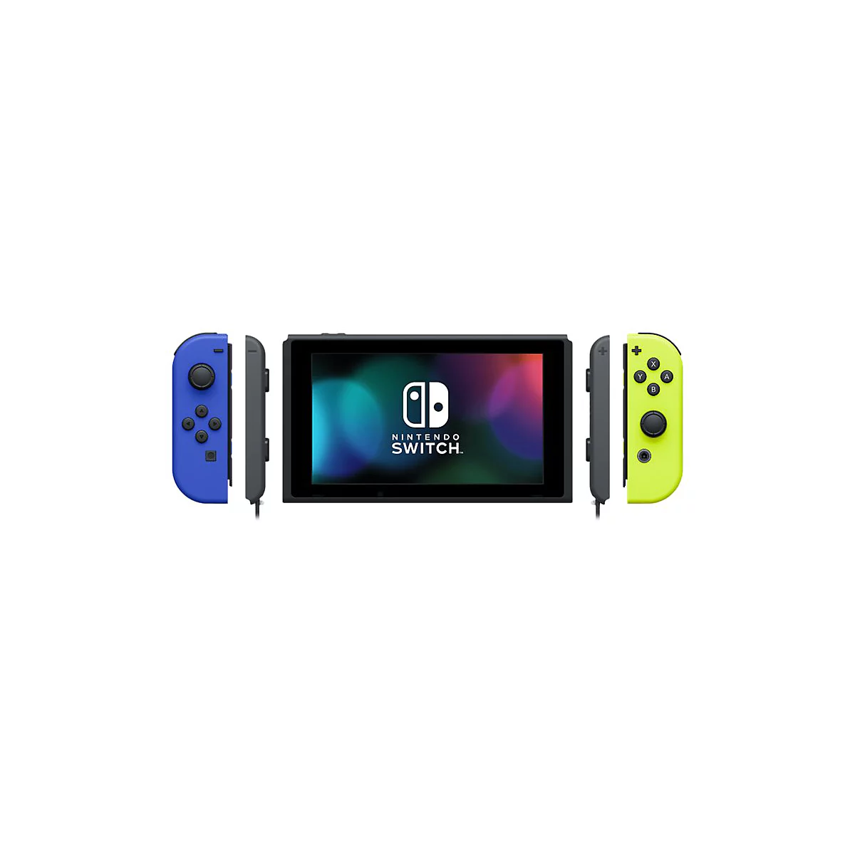 Nintendo Switch Konsole mit blauem linkem und neongelbem rechtem Joy-Con Controller vor weißem Hintergrund.
