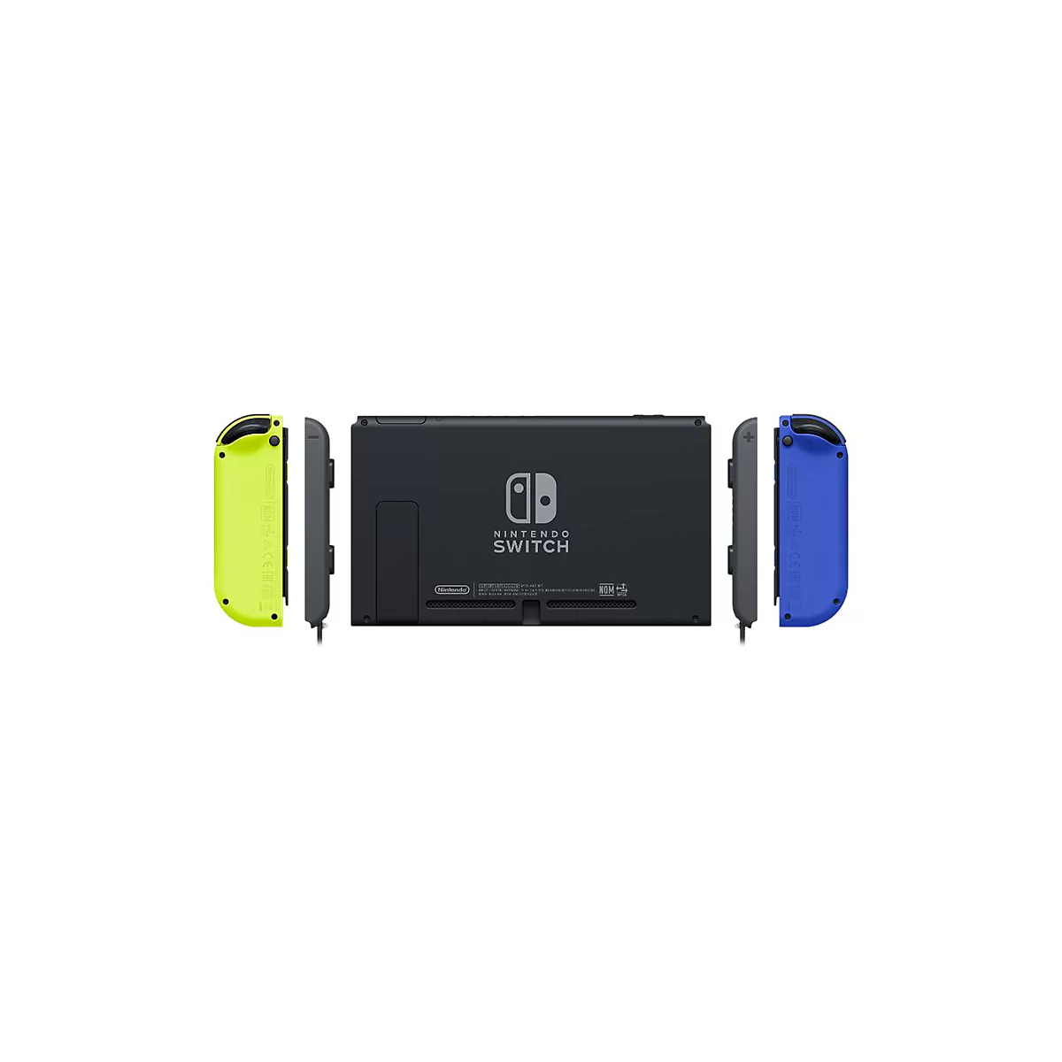 Nintendo Switch Konsole mit einem gelben und einem blauen Joy-Con Controller vor weißem Hintergrund.