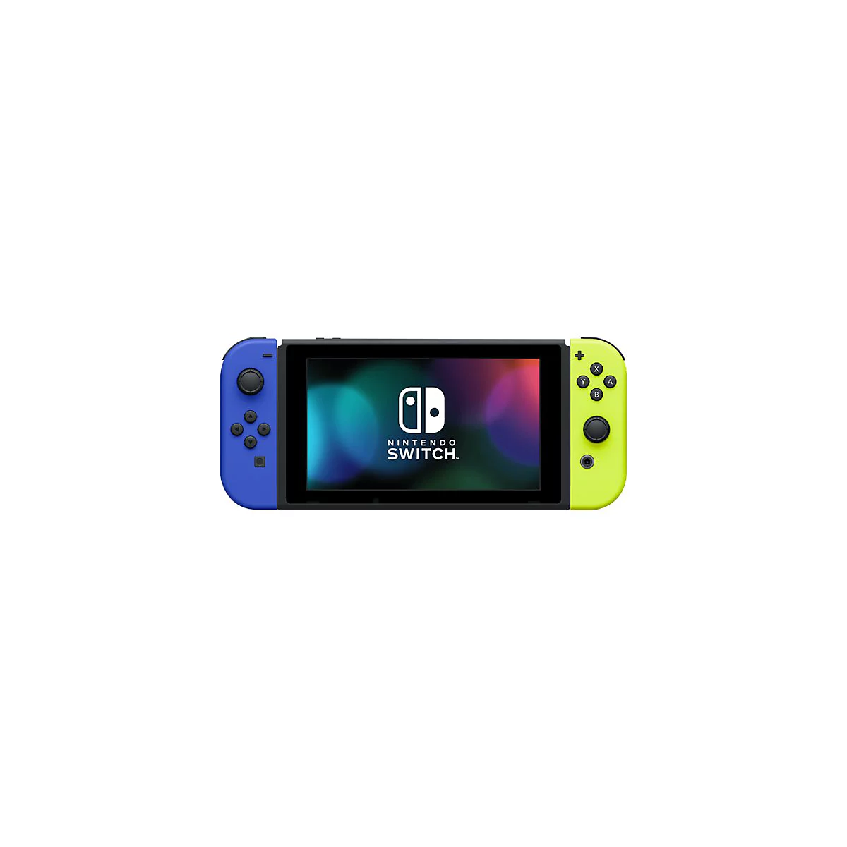 Nintendo Switch Konsole mit einem blauen Joy-Con links und einem gelben Joy-Con rechts vor weißem Hintergrund.