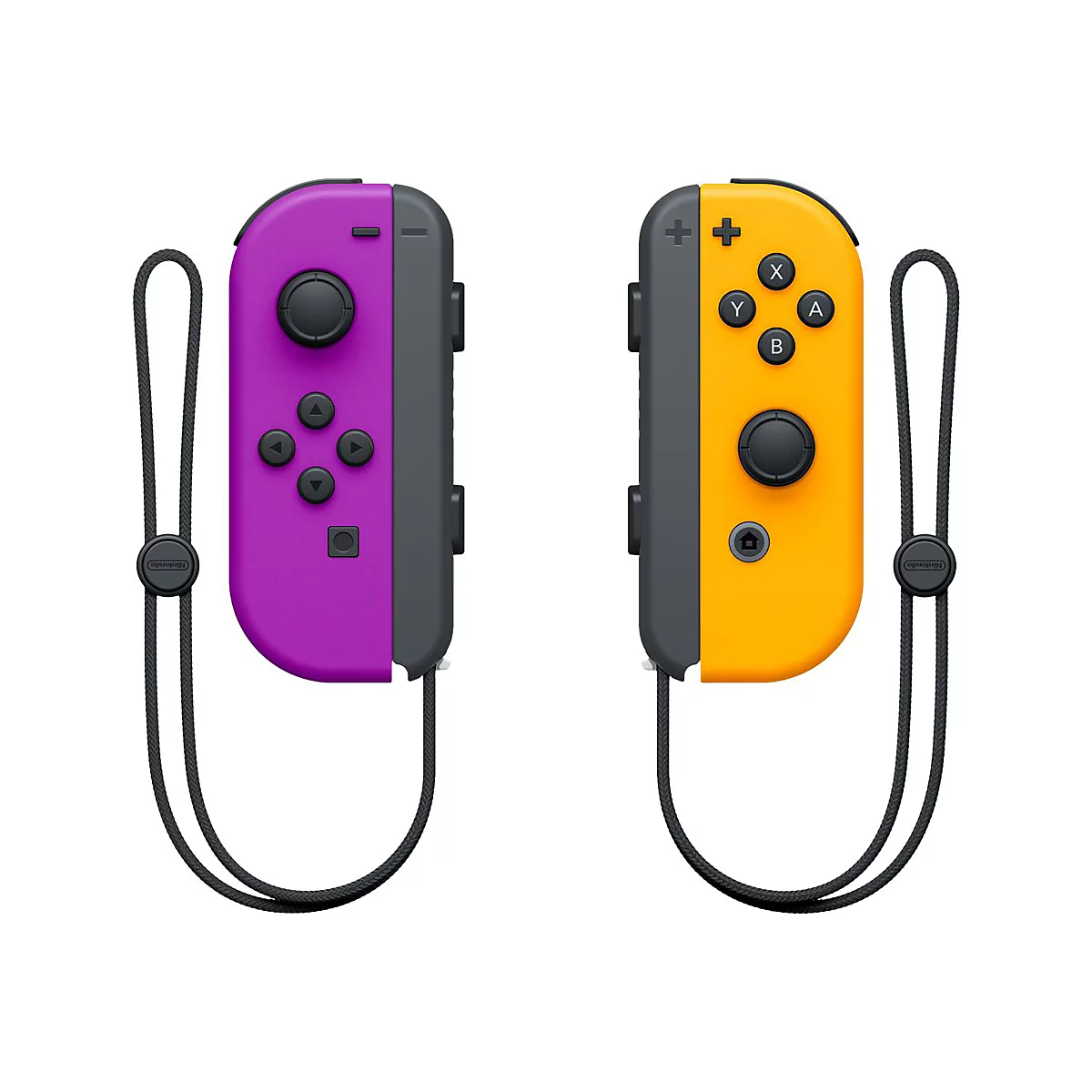 Ein lila und ein gelber Nintendo Switch Joy-Con Controller mit schwarzen Trageschlaufen vor weißem Hintergrund.