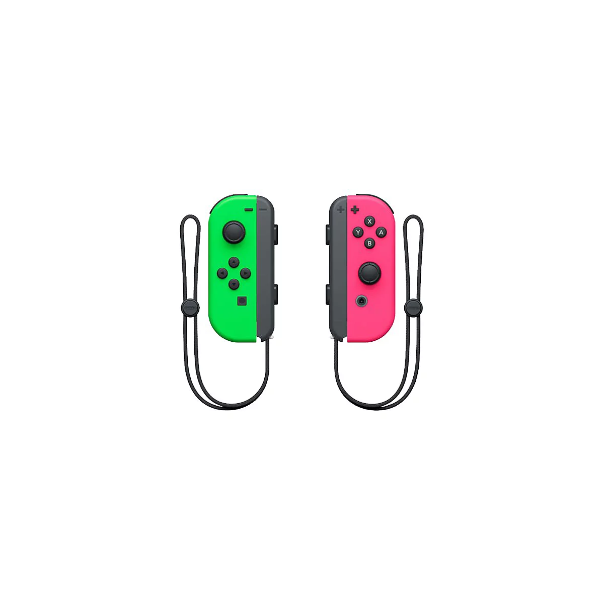 Ein neon-grüner und ein neon-pinker Nintendo Switch Joy-Con Controller mit schwarzen Handgelenkschlaufen vor weißem Hintergrund.