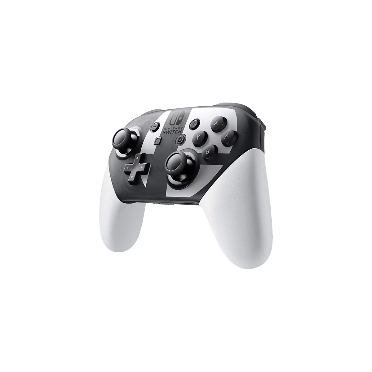 Nintendo Switch Pro Controller in schwarz-weißem Design mit typischer Tastenanordnung vor weißem Hintergrund.