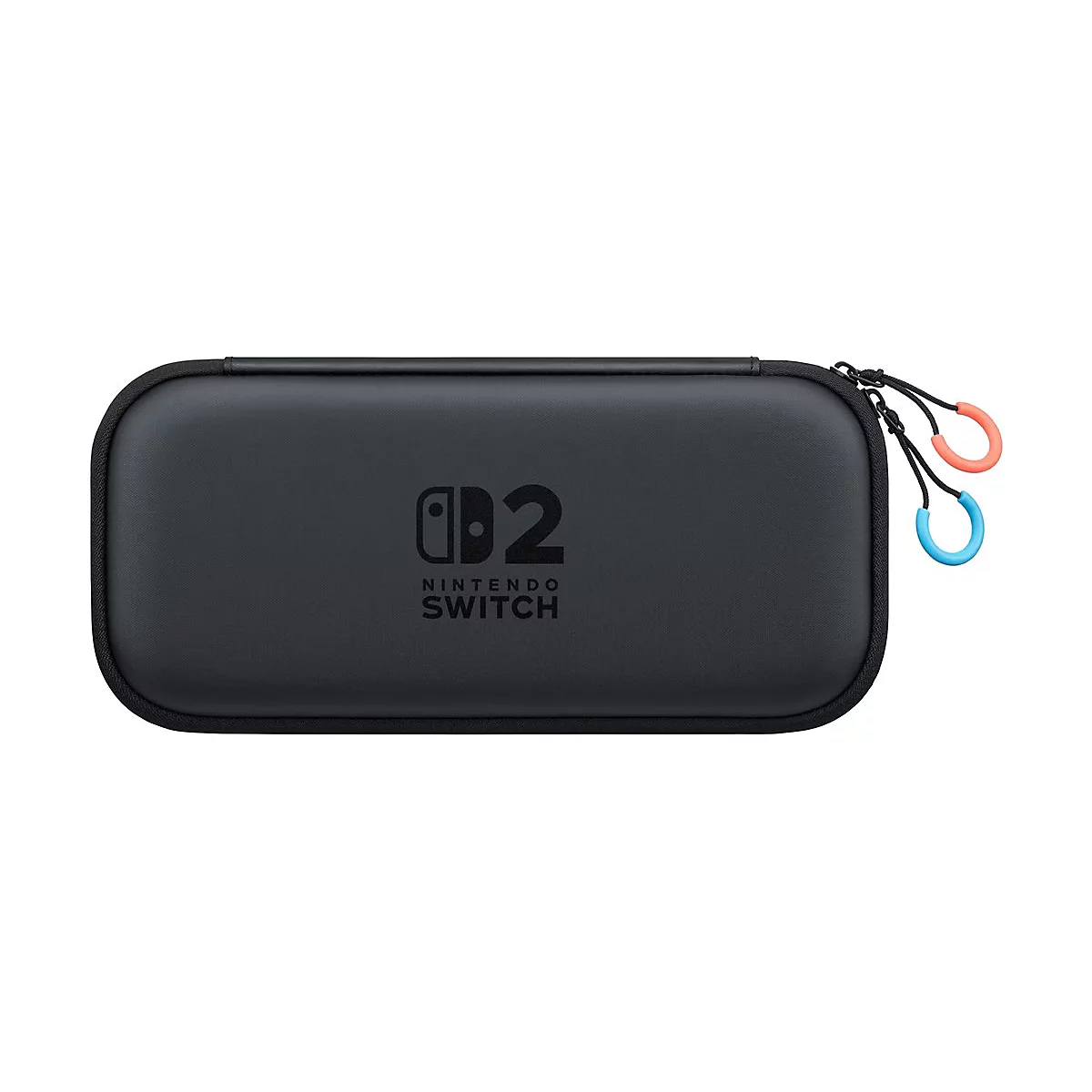 Schwarze Nintendo Switch Tragetasche mit Logo und farbigen Reißverschluss-Anhängern in Rot und Blau.