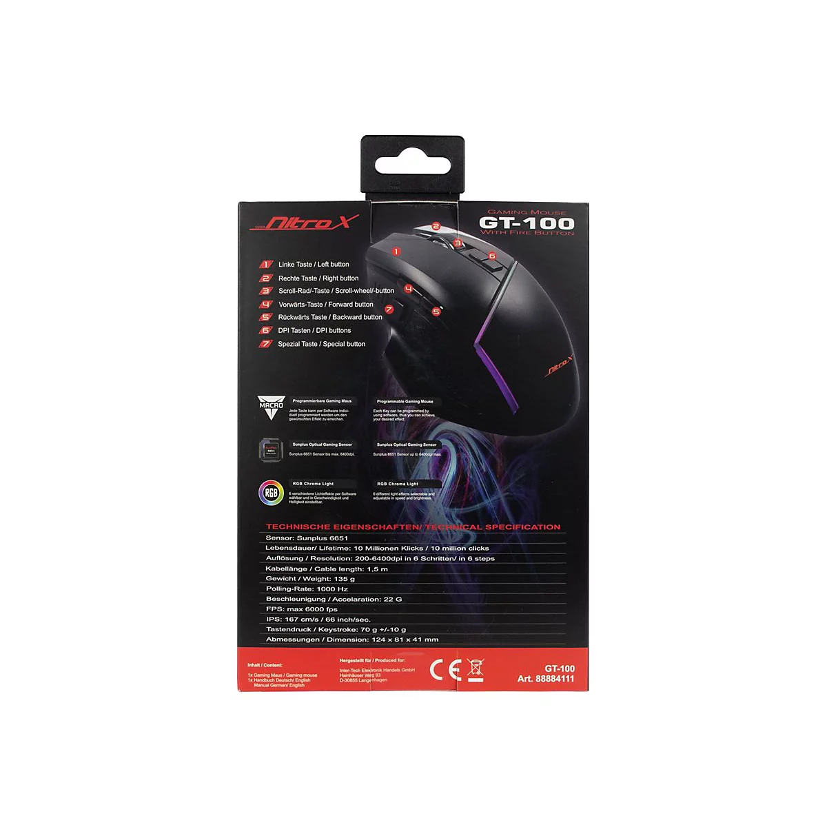 Nitrox GT-100 RGB - Maus - ergonomisch - optisch - 7 Tasten - kabelgebunden