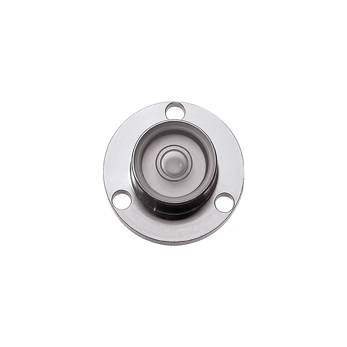 Niveau à bulle rond en métal avec trois trous de vis. Au centre, une bulle ronde et transparente.