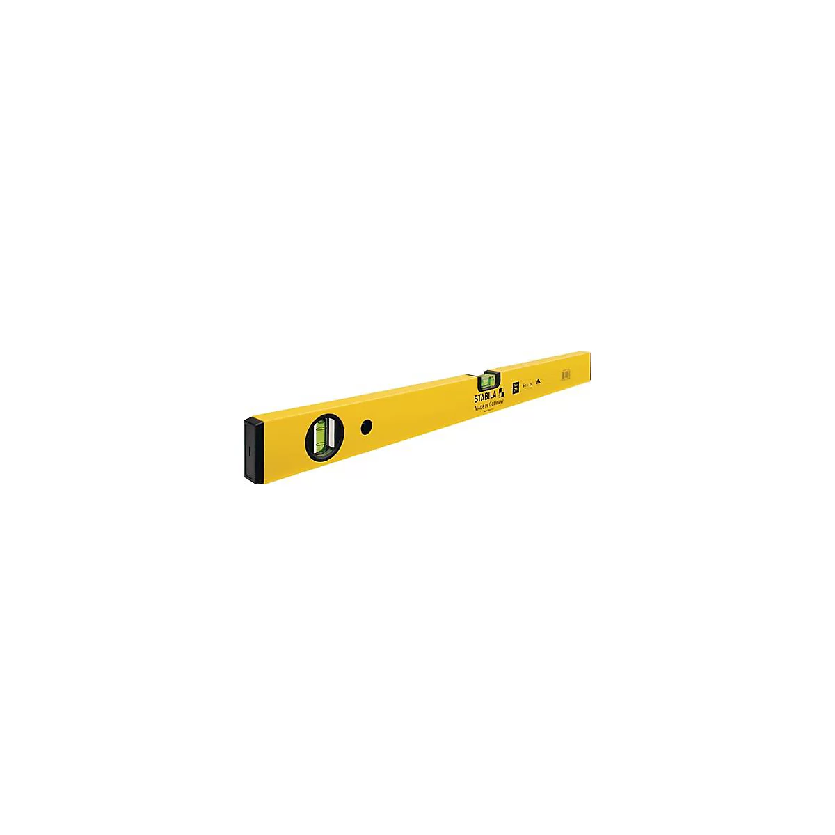 Niveau jaune avec embouts noirs. Deux fioles et l'inscription STABILA, Fabriqué en Allemagne.