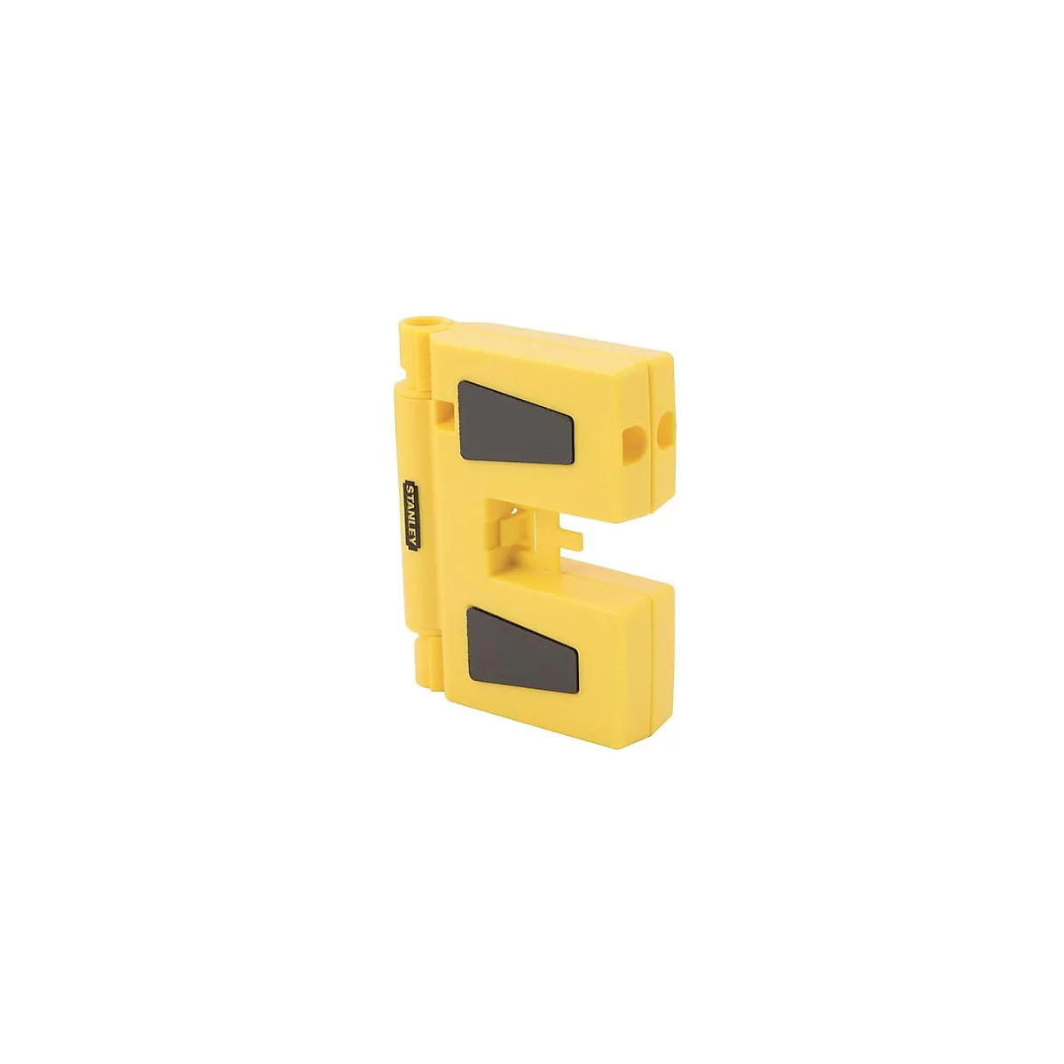 Outil Stanley jaune avec deux surfaces noires, en forme de "E".
