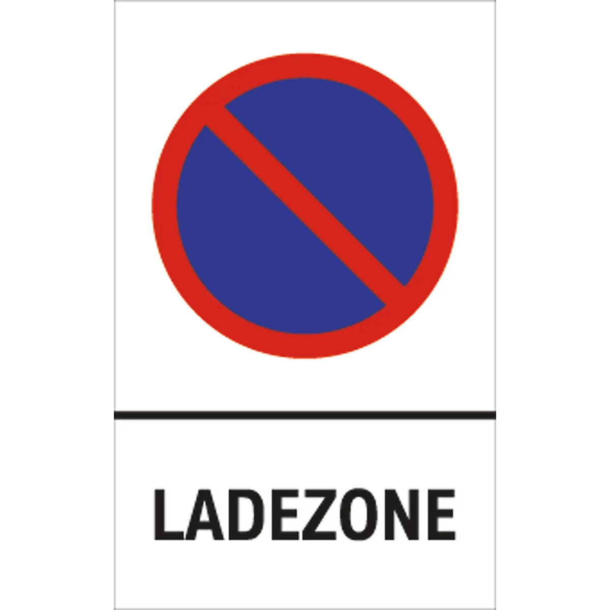 Traffic sign, red circle with red diagonal slash on blue circle. Text: Ladezone.