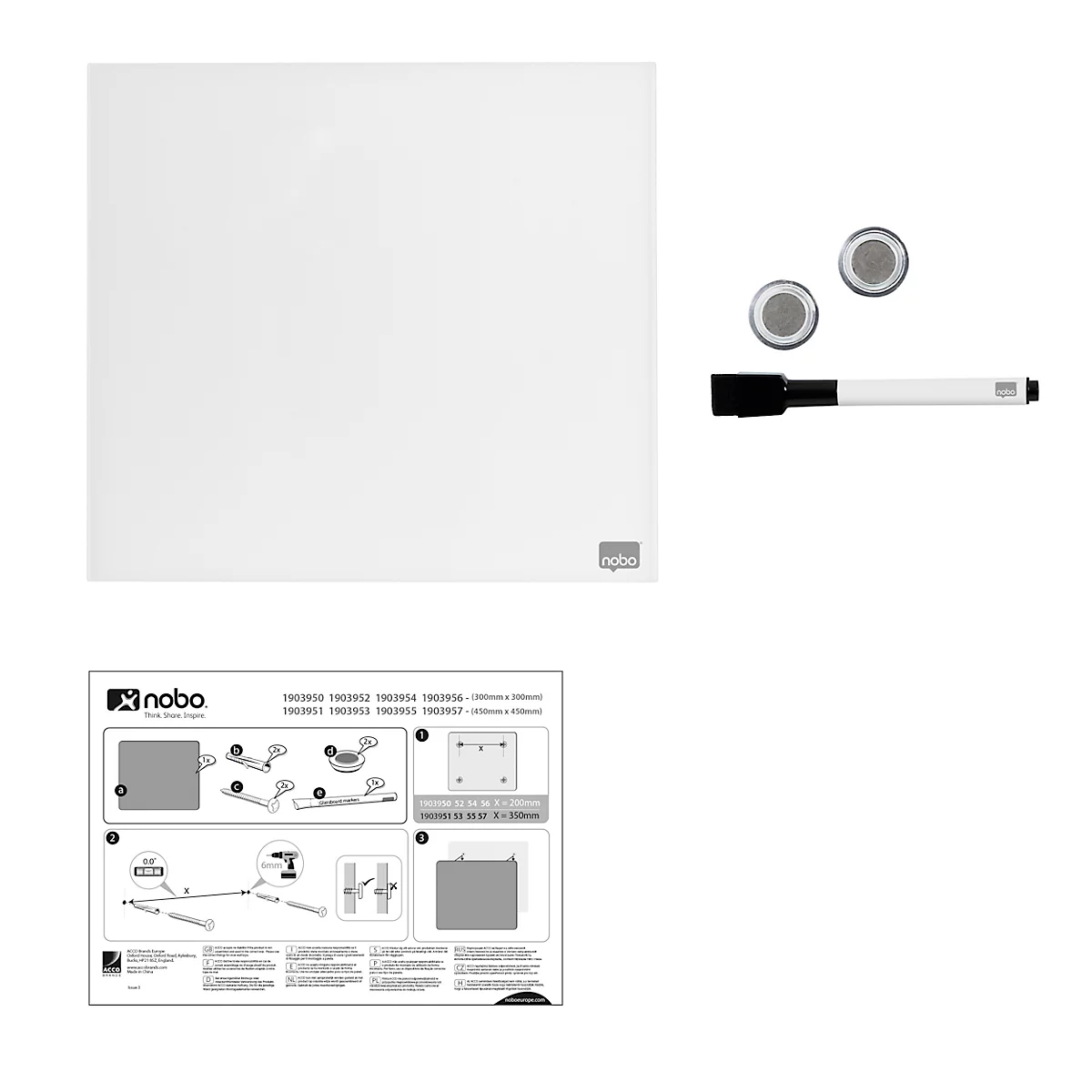 Nobo Glas-Whiteboard, Sicherheitsglas, rahmenlos, magnethaftend, B 450 x H 450 mm, weiß