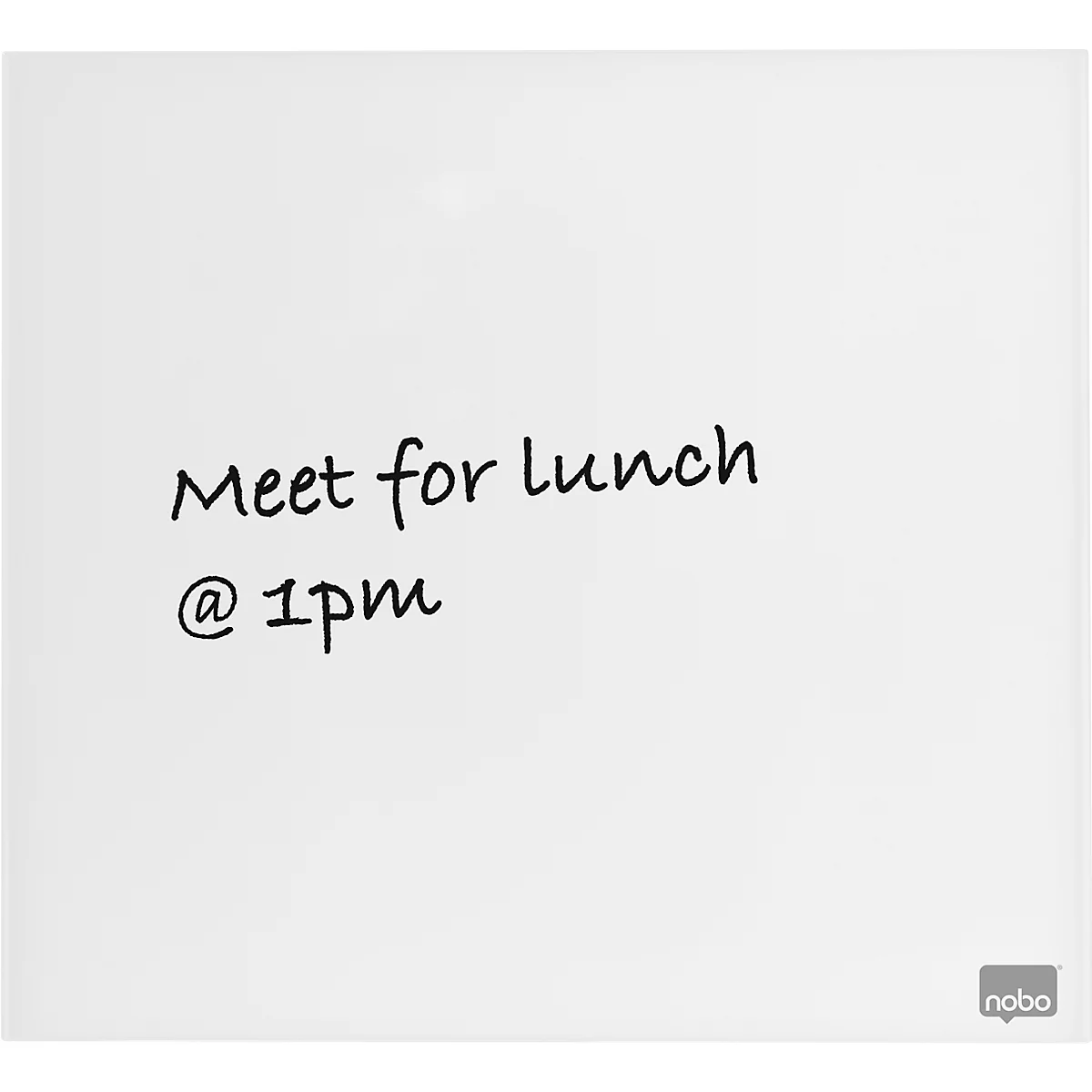 Whiteboard met zwarte tekst: 'Meet for lunch @ 1pm.' Klein Nobo-logo rechtsonder.