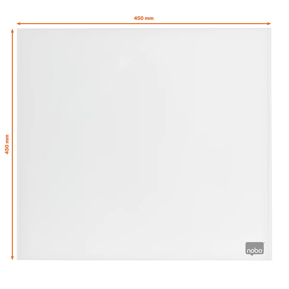 Wit vierkant whiteboard met afmetingen 450 mm, 'nobo' logo rechtsonder.