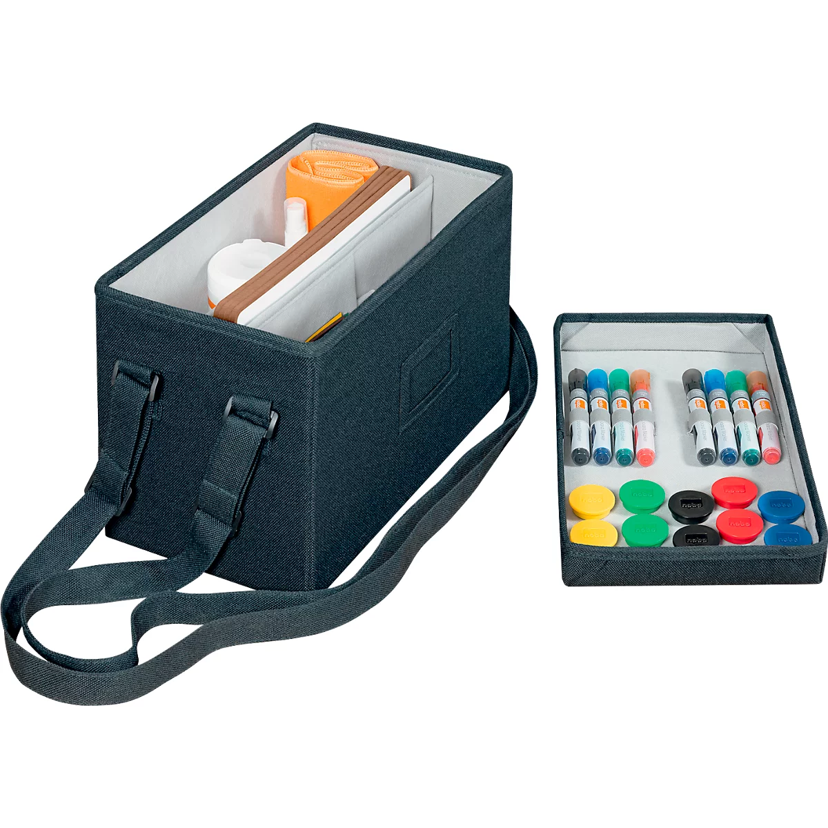 Nobo whiteboard accessoiretas, met inhoud, magnetisch deksel, opvouwbaar, tot 8 kg, B 299 x D 355 x H 230 mm, gerecyclede stof, antracietgrijs