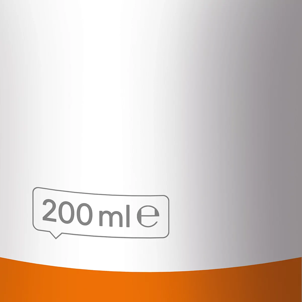 Detail of a white product with an orange stripe. It says 200 ml e in a gray field.