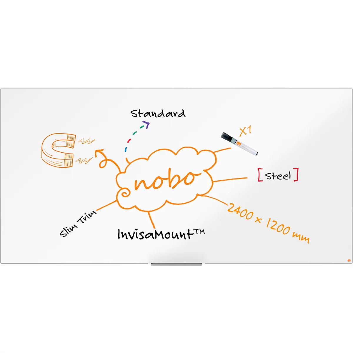 nobo Whiteboard Nano Clean, Stahl, weiß nanobeschichtet, magnethaftend, B 2400 x H 1200 mm
