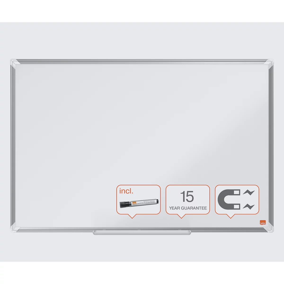 nobo Whiteboard Premium Plus, Stahl nanobeschichtet, magnethaftend, B 1200 x H 900 mm, inkl. abnehmbarer Stiftablage und 1 Boardmarker