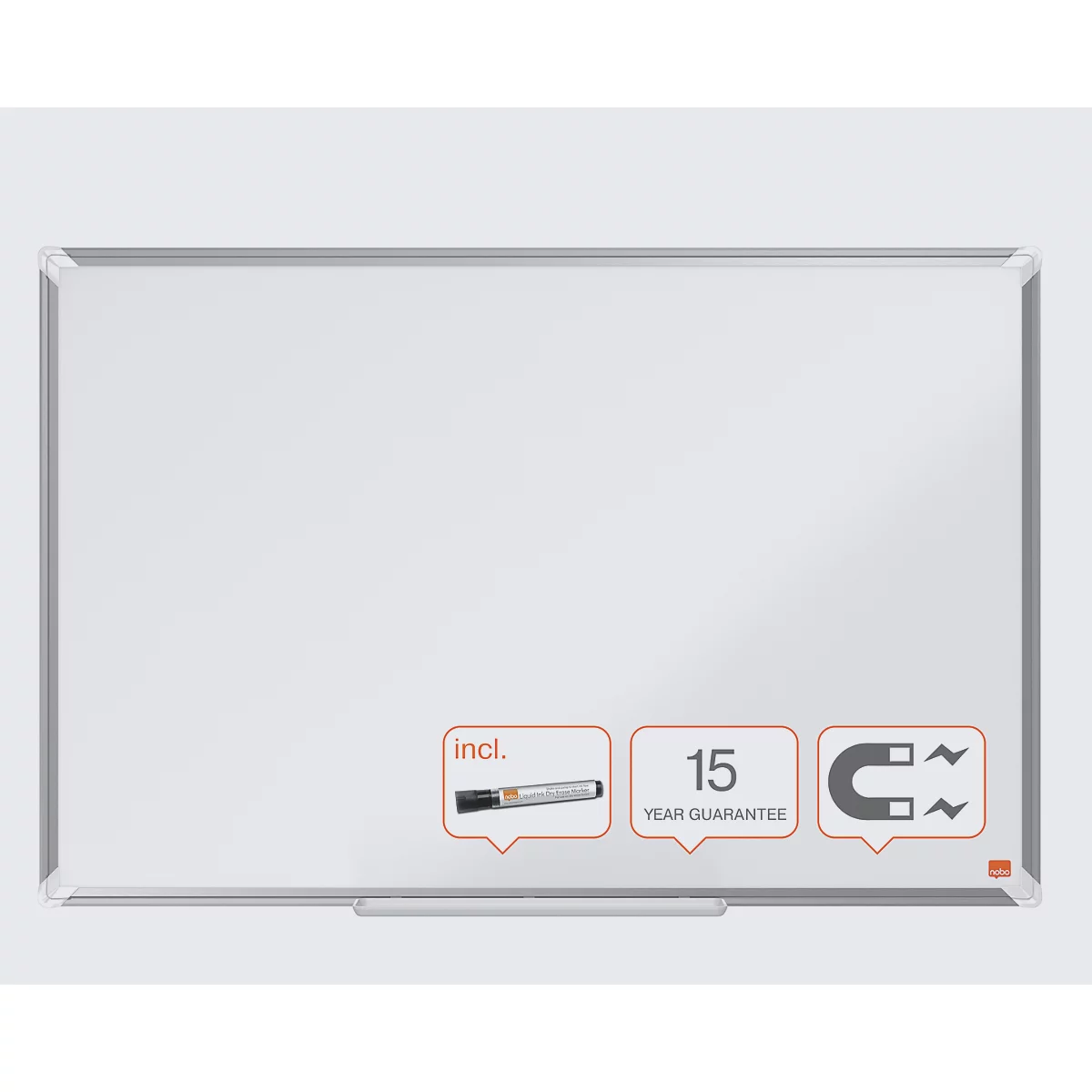 nobo Whiteboard Premium Plus, Stahl weiß emailliert, magnethaftend, B 1800 x H 900 mm, inkl. abnehmbarer Stiftablage und 1 Boardmarker