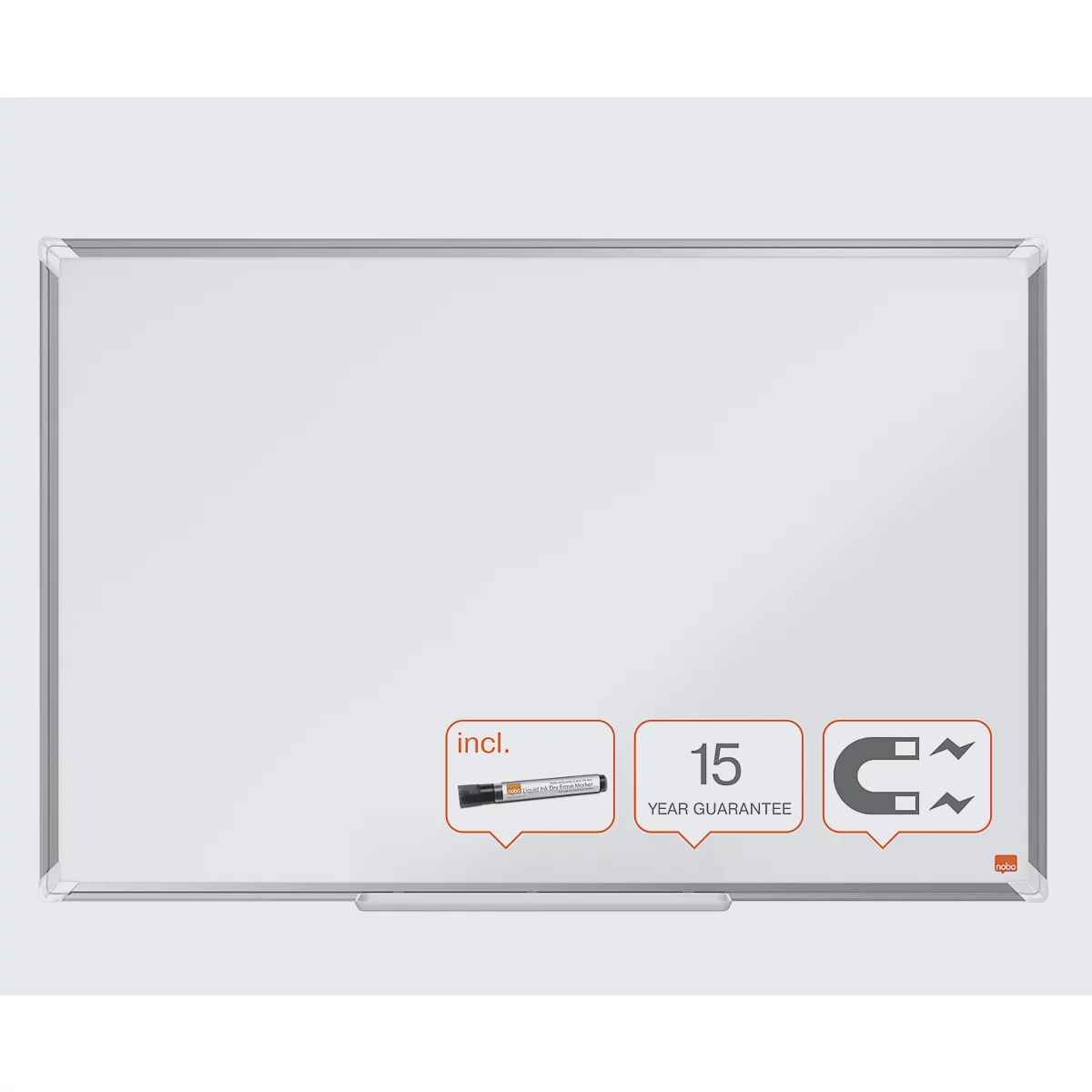 nobo Whiteboard Premium Plus, Stahl weiß emailliert, magnethaftend, B 900 x H 600 mm, inkl. abnehmbarer Stiftablage und 1 Boardmarker