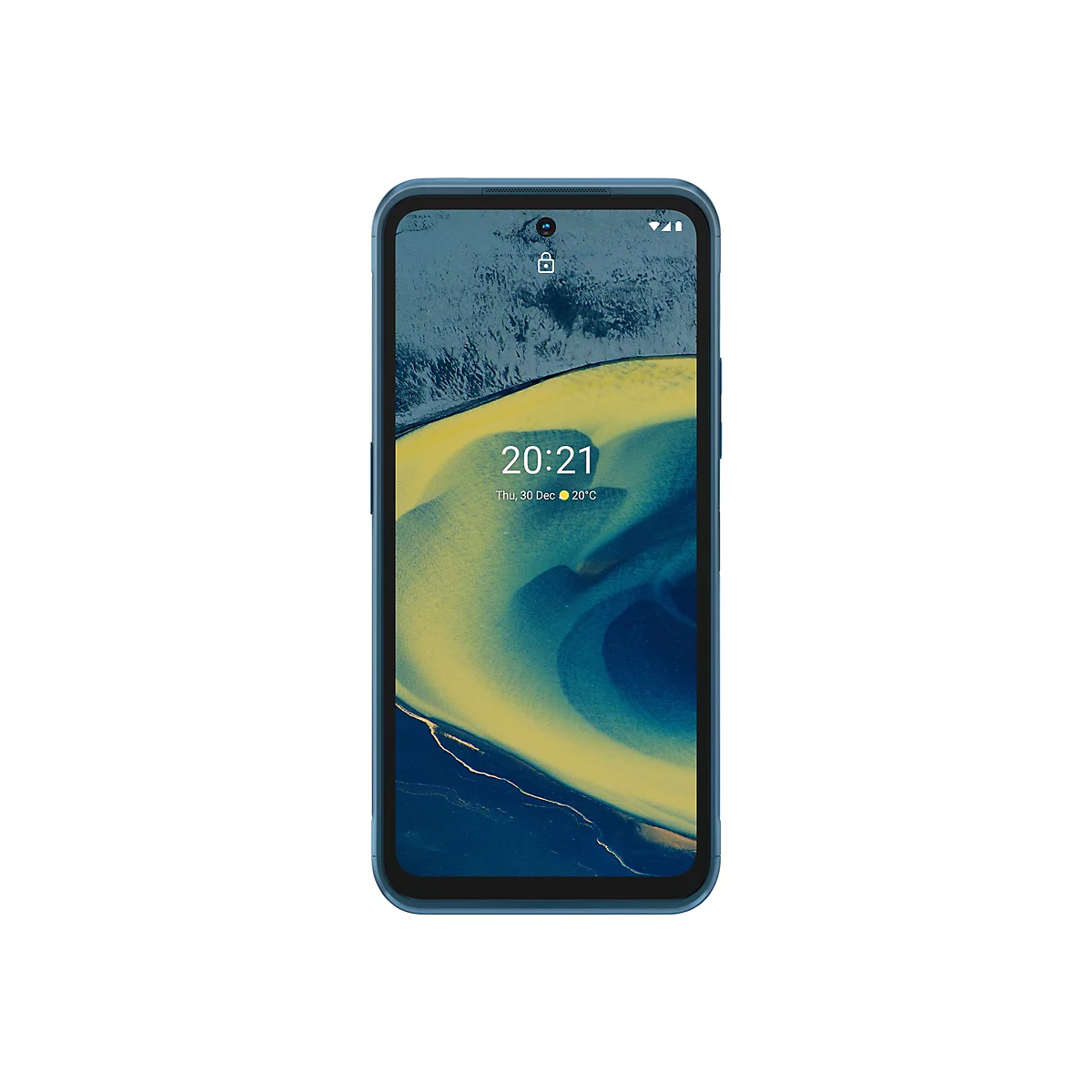 Blaues Smartphone mit Uhrzeit 20:21. Auf dem Display ein abstraktes Muster. Schwarzer Rahmen.