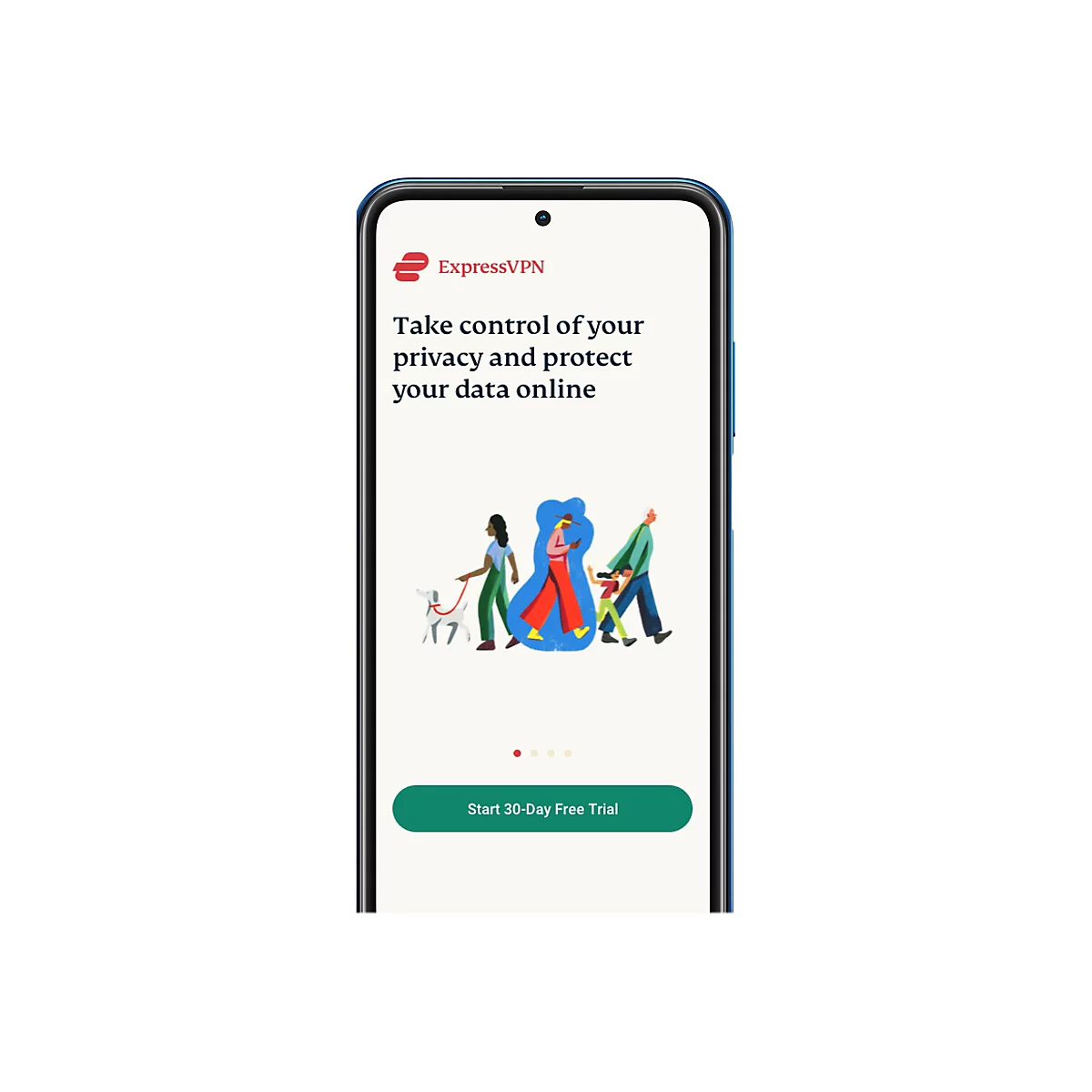 Smartphone-Bildschirm mit ExpressVPN-App. Text: Take control of your privacy... darunter Illustration von Personen.