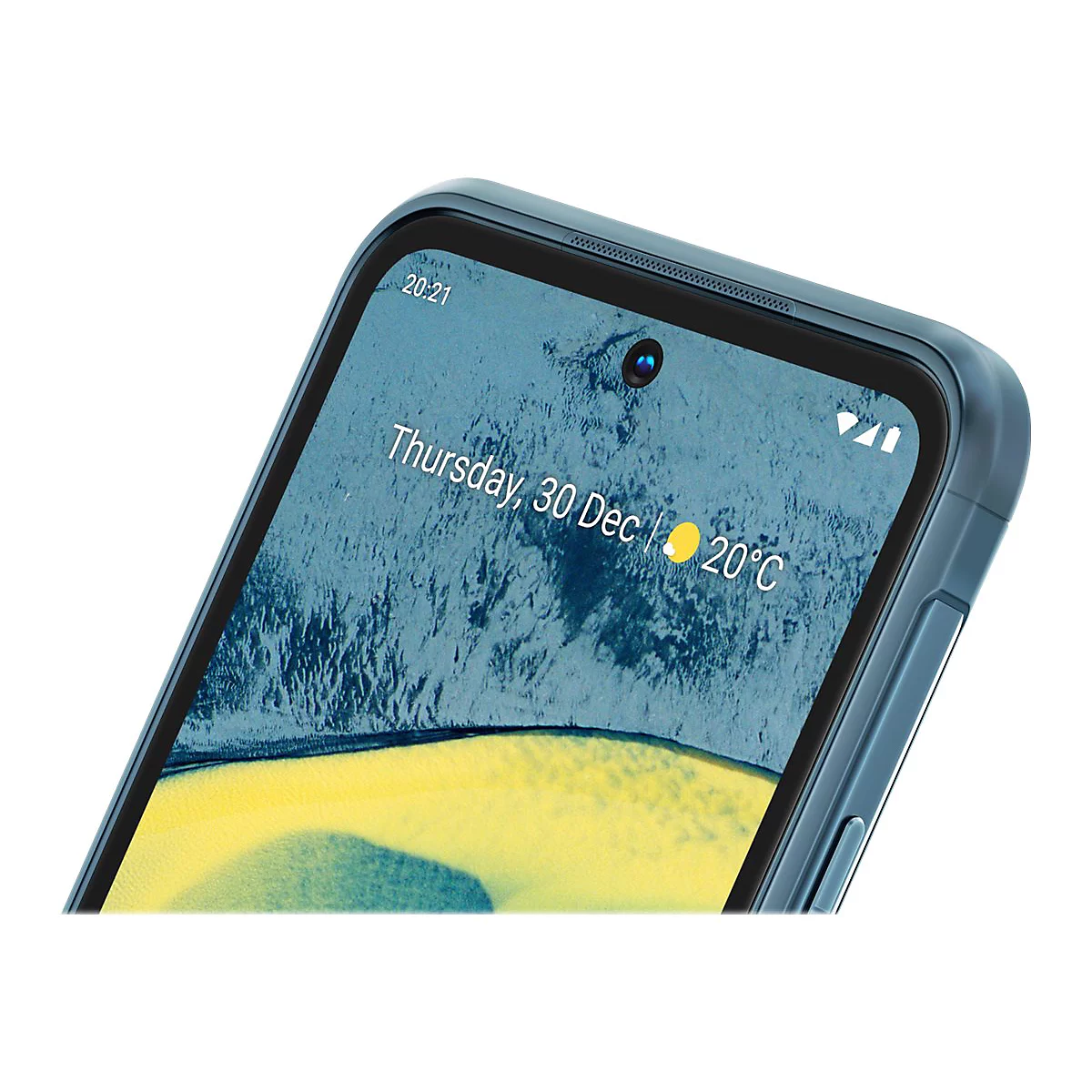Nahaufnahme eines Smartphones mit Datums- und Wetteranzeige. Das Display zeigt Donnerstag, 30. Dezember, 20Â°C.