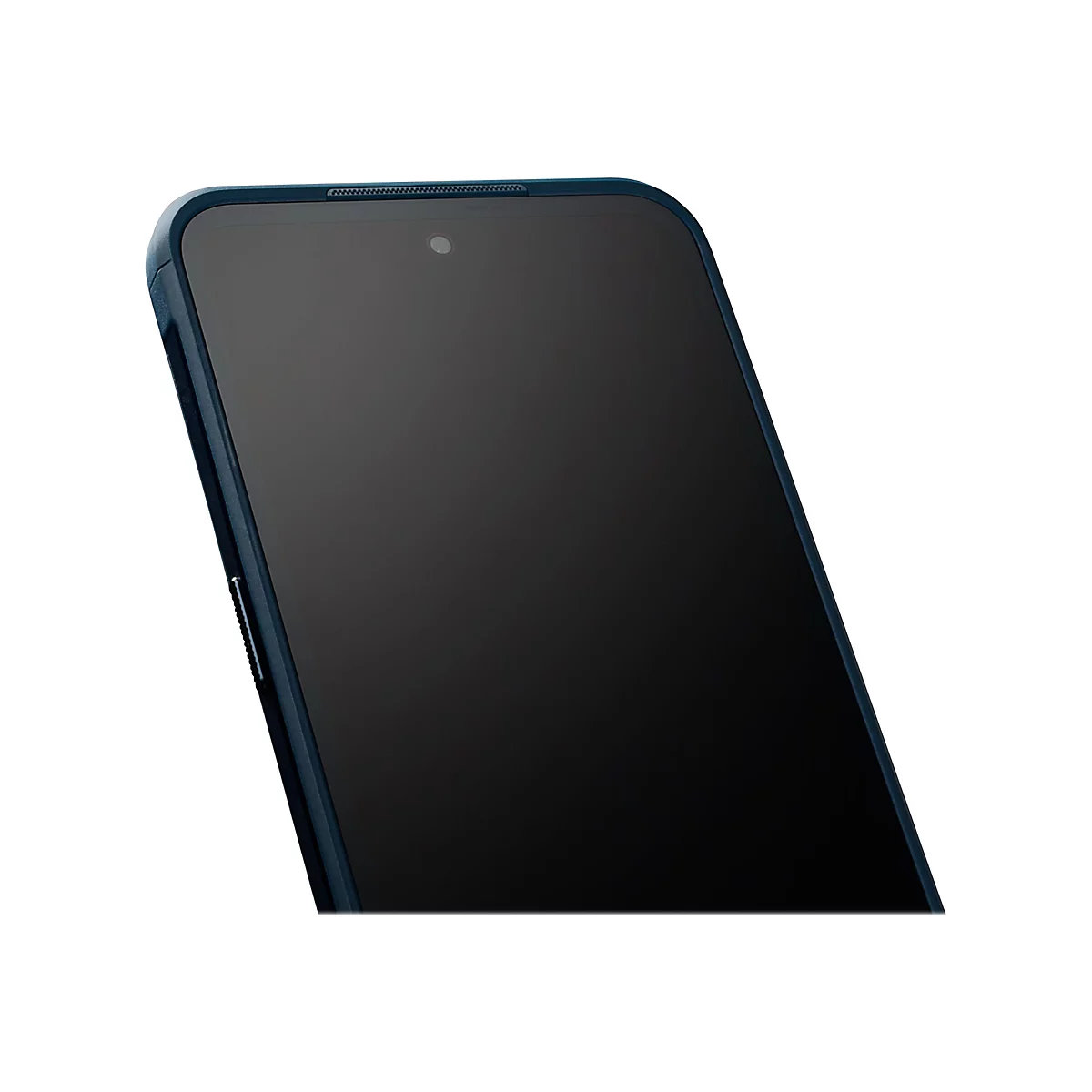 Nahaufnahme eines schwarzen Smartphones. Zu sehen sind der Bildschirm, die blaue Einfassung und die Kamera.