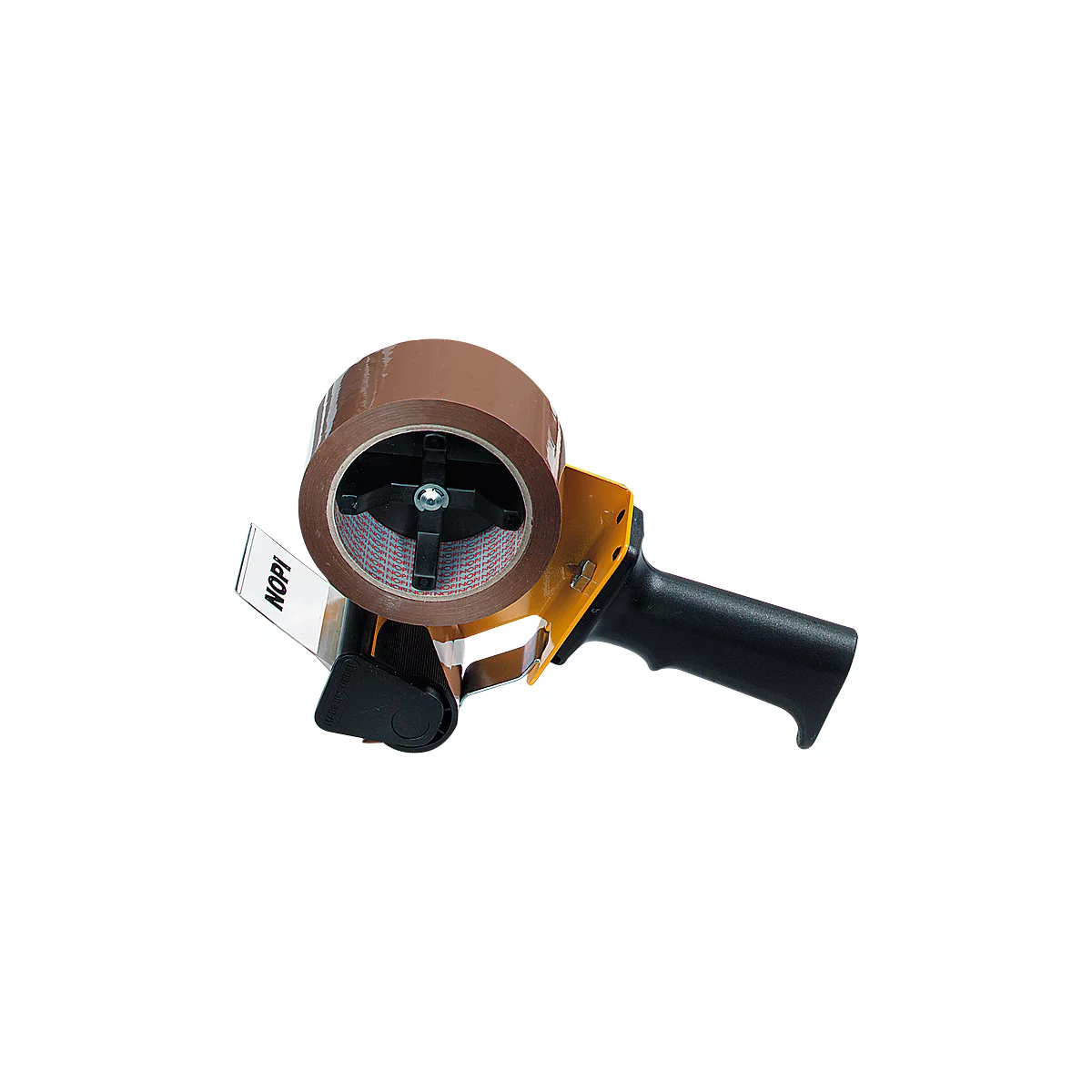Tape dispenser with brown tape and black handle, yellow holder. "NOPI" is written on the holder.